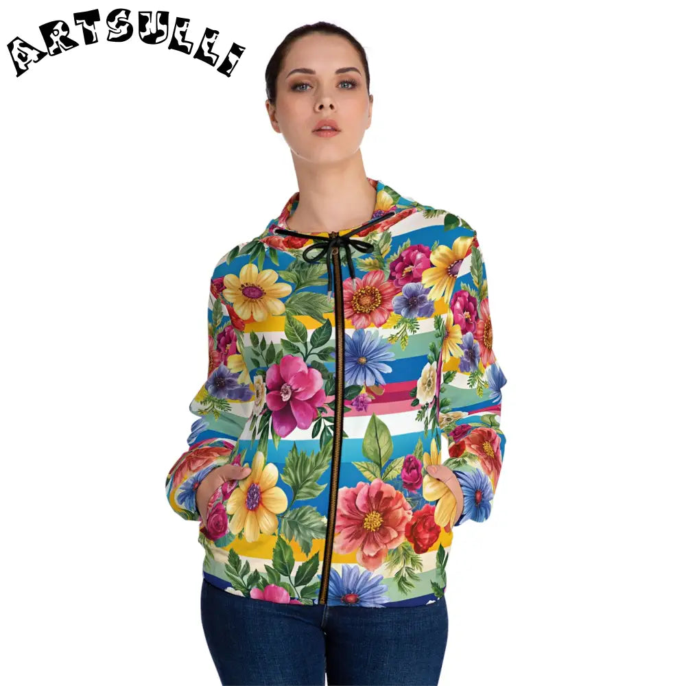 JAKKOUTTHEBXX Colorful Floral Stripe Women’s Zip Hoodie 2025