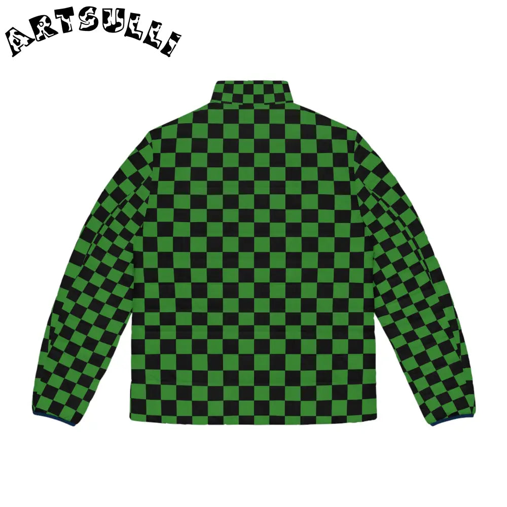 JAKKOUTTHEBXX Checkerboard Green and Black Men’s Puffer Jacket (AOP)