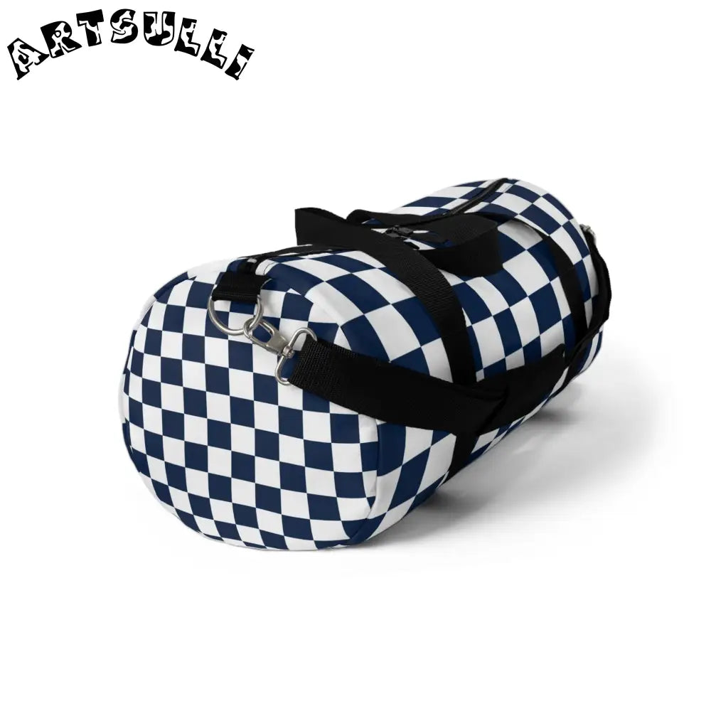 JAKKOUTTHEBXX Checkerboard II White and Navy Blue Duffel Bag