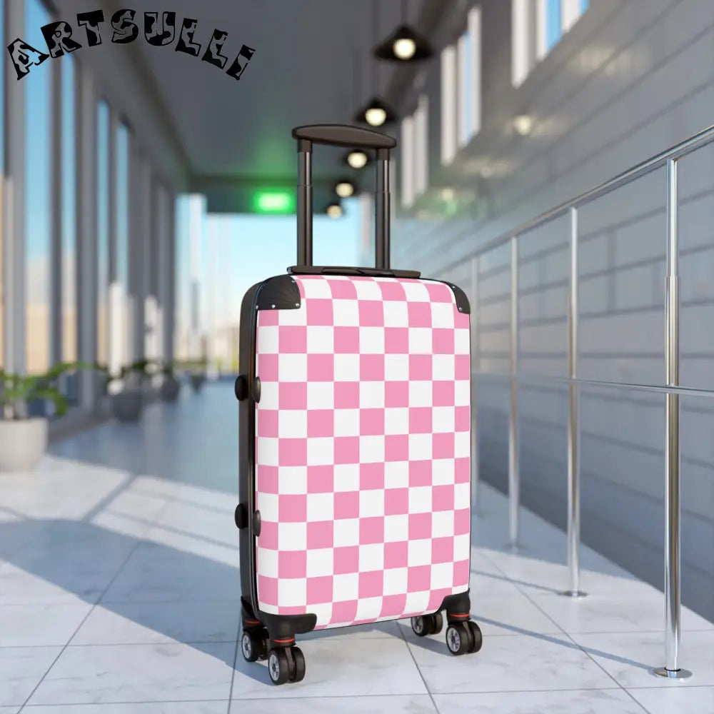 JAKKOUTTHEBXX Checkerboard Hot Pink and White Suitcase JAKKOUTTHEBXX