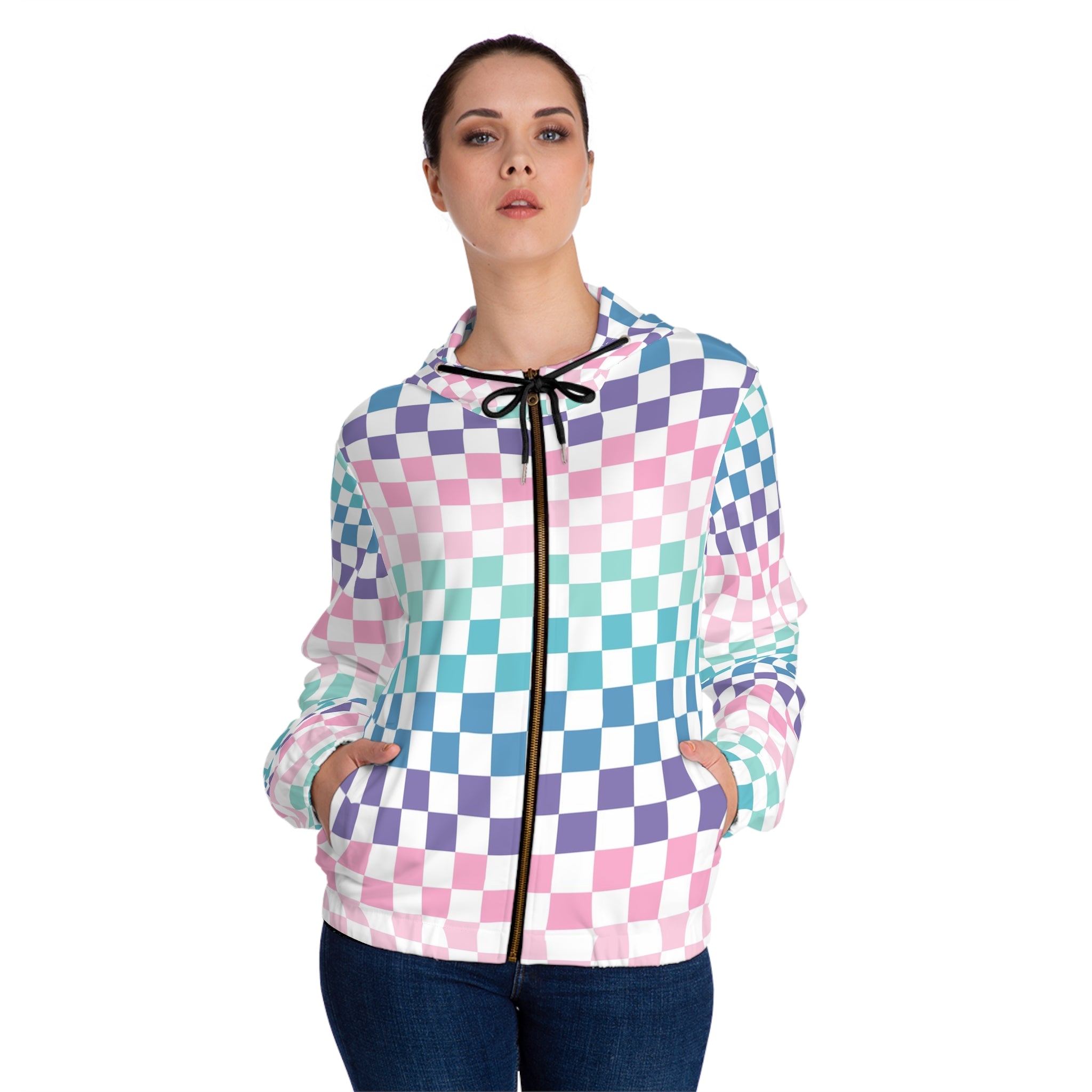 Vaporwave Rainbow  Checkerboard Multi-Color Women’s Full-Zip Hoodie (AOP), Artsulli - Art is Long, Life is Short, All Over Prints, , , , , , , 