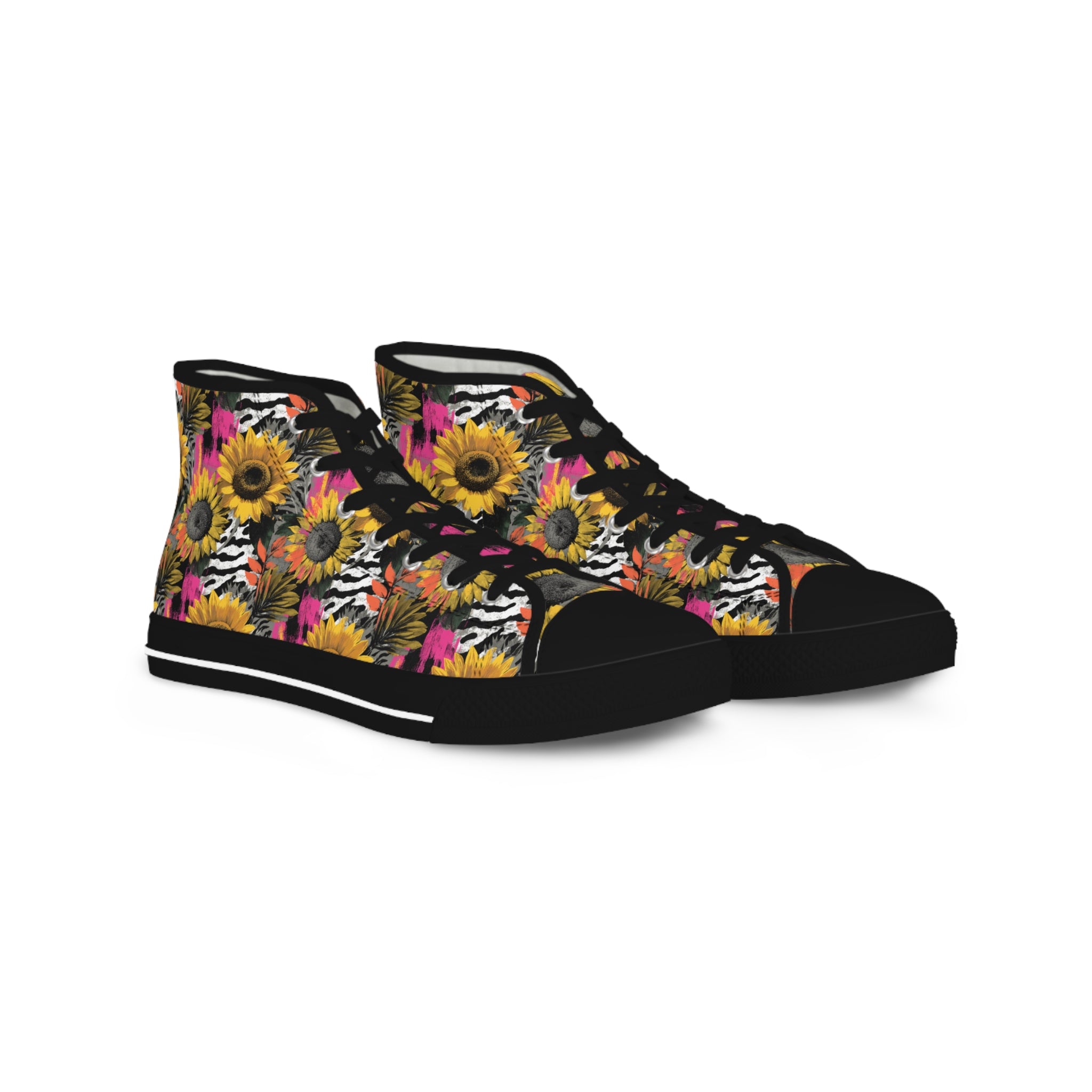 Zebra Stripes x Sunflowers II Multi-Color Men's High Top Sneakers, Artsulli - Art is Long, Life is Short, Shoes, Size, US 5, Color, Black sole, , , 17372717059813937690