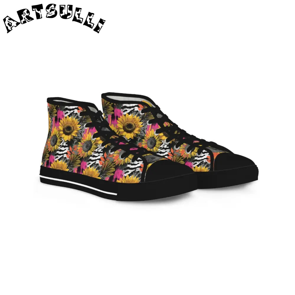 Zebra Stripes x Sunflowers II Multi-Color Men's High Top Sneakers, Artsulli - Art is Long, Life is Short, Shoes, Size, US 5, Color, Black sole, , , 17372717059813937690