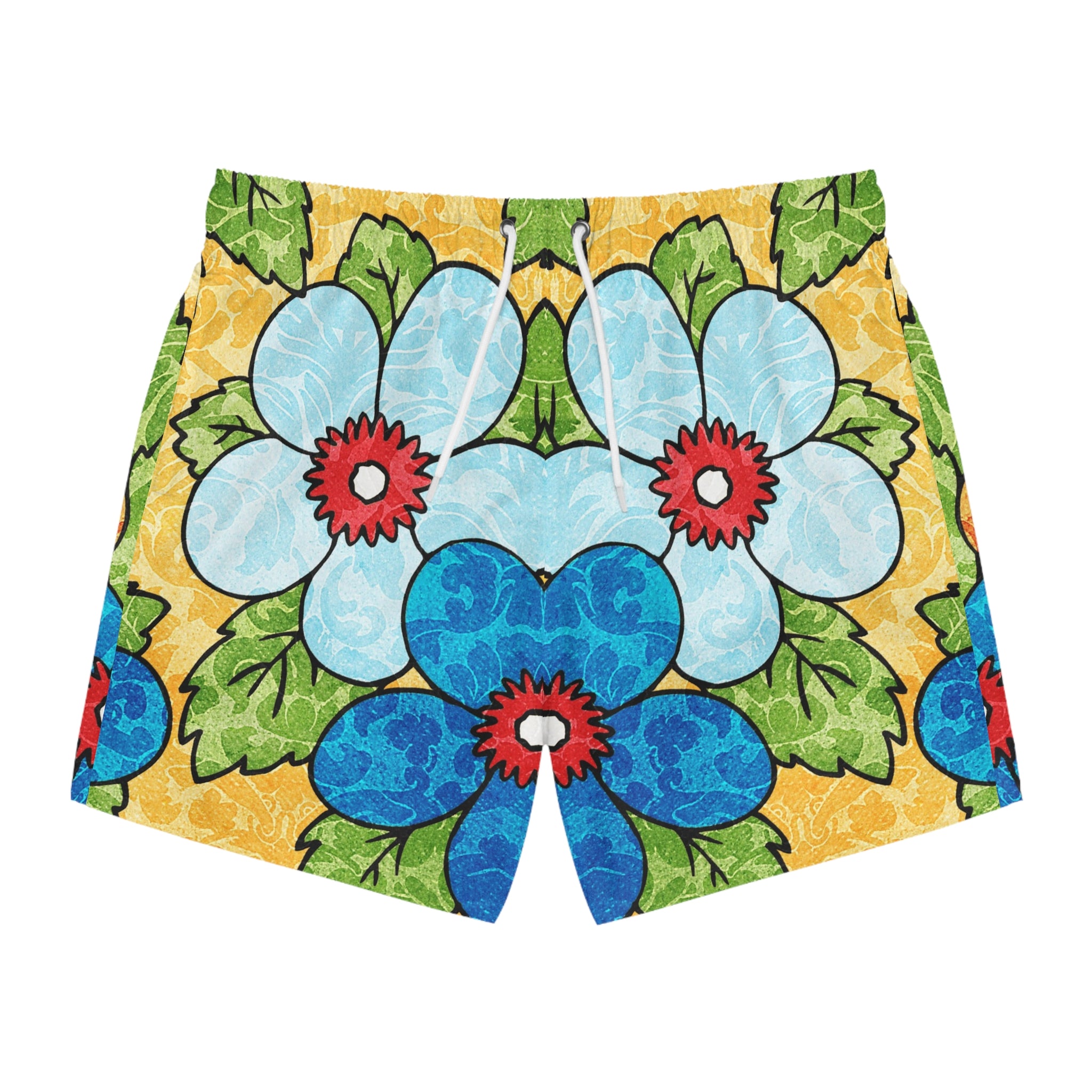 Groovy Yellow Floral Kl II Swim Trunks (AOP), Artsulli - Art is Long, Life is Short, All Over Prints, Size, XS, Color, Seam thread color automatically matched to design, , , 11649501200991318964