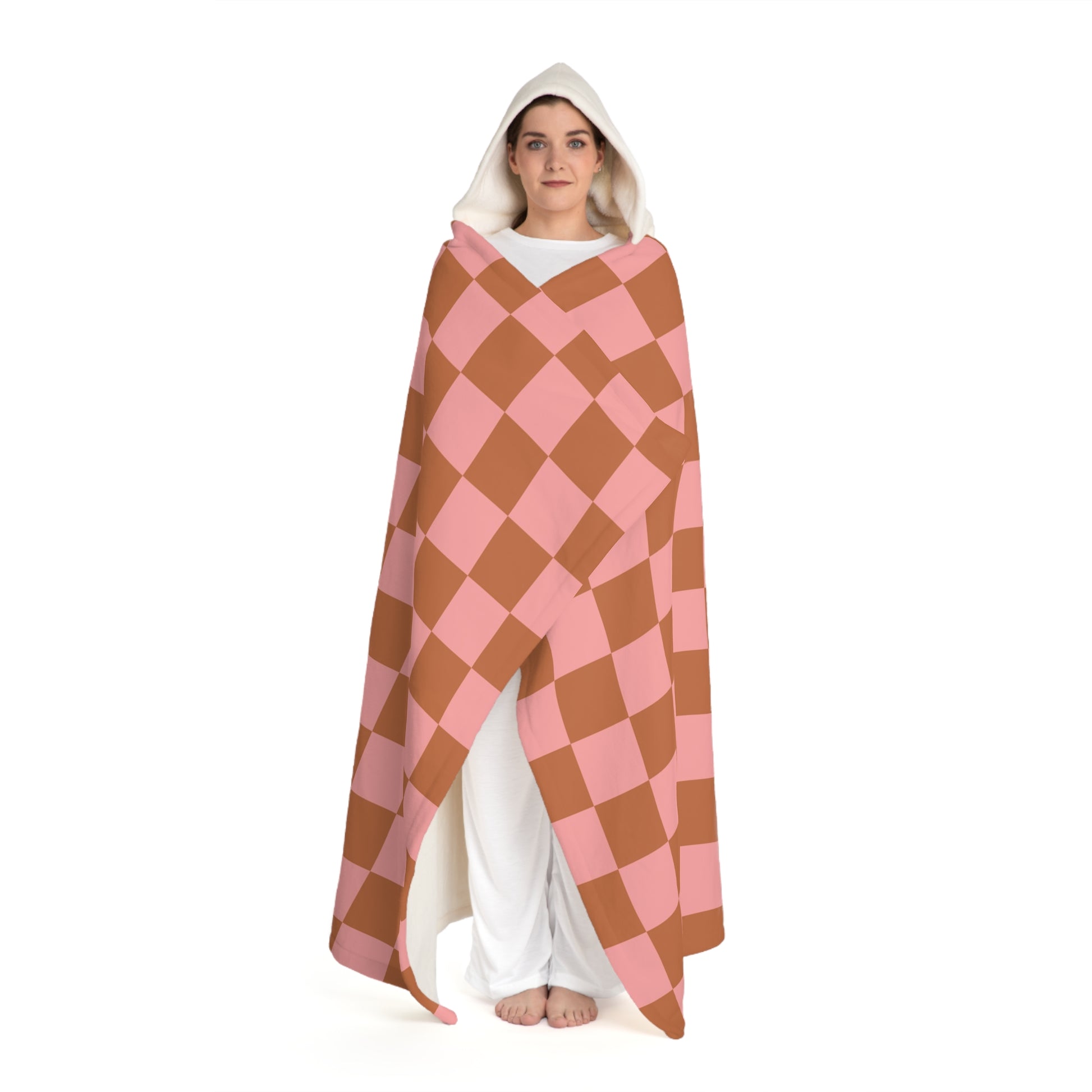 Chessboard II Pink and Brown  Hooded Sherpa Fleece Blanket, Artsulli - Art is Long, Life is Short, All Over Prints, , , , , , , 