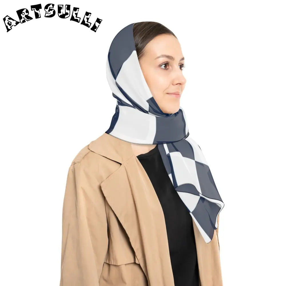 JAKKOUTTHEBXX Checkerboard White and Navy Blue Poly Scarf