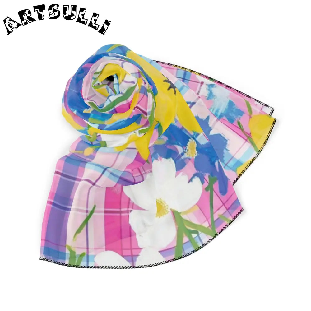 JAKKOUTTHEBXX Plaid Garden Pink and Purple Poly Scarf JAKKOUTTHEBXX