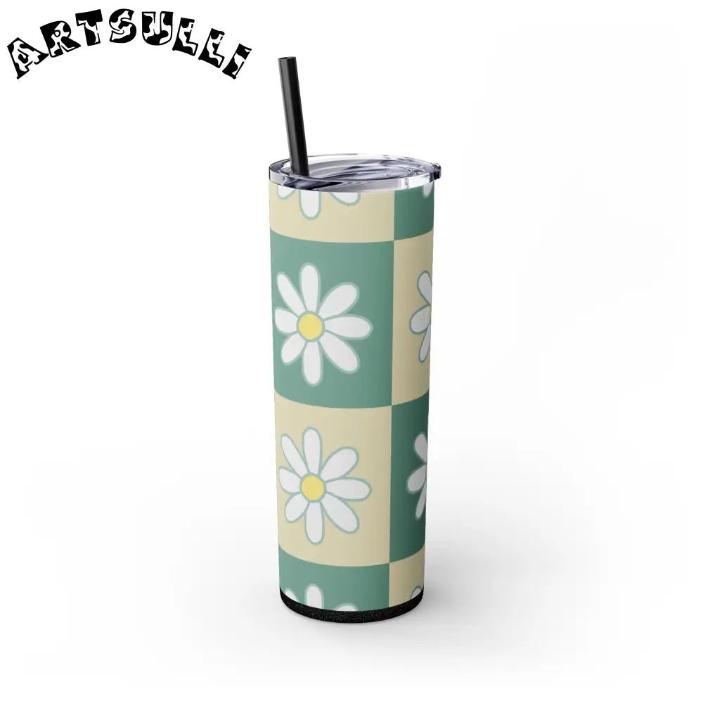 JAKKOUTTHEBXX Retro Daisy Checkerboard Green and Tan Skinny Tumbler