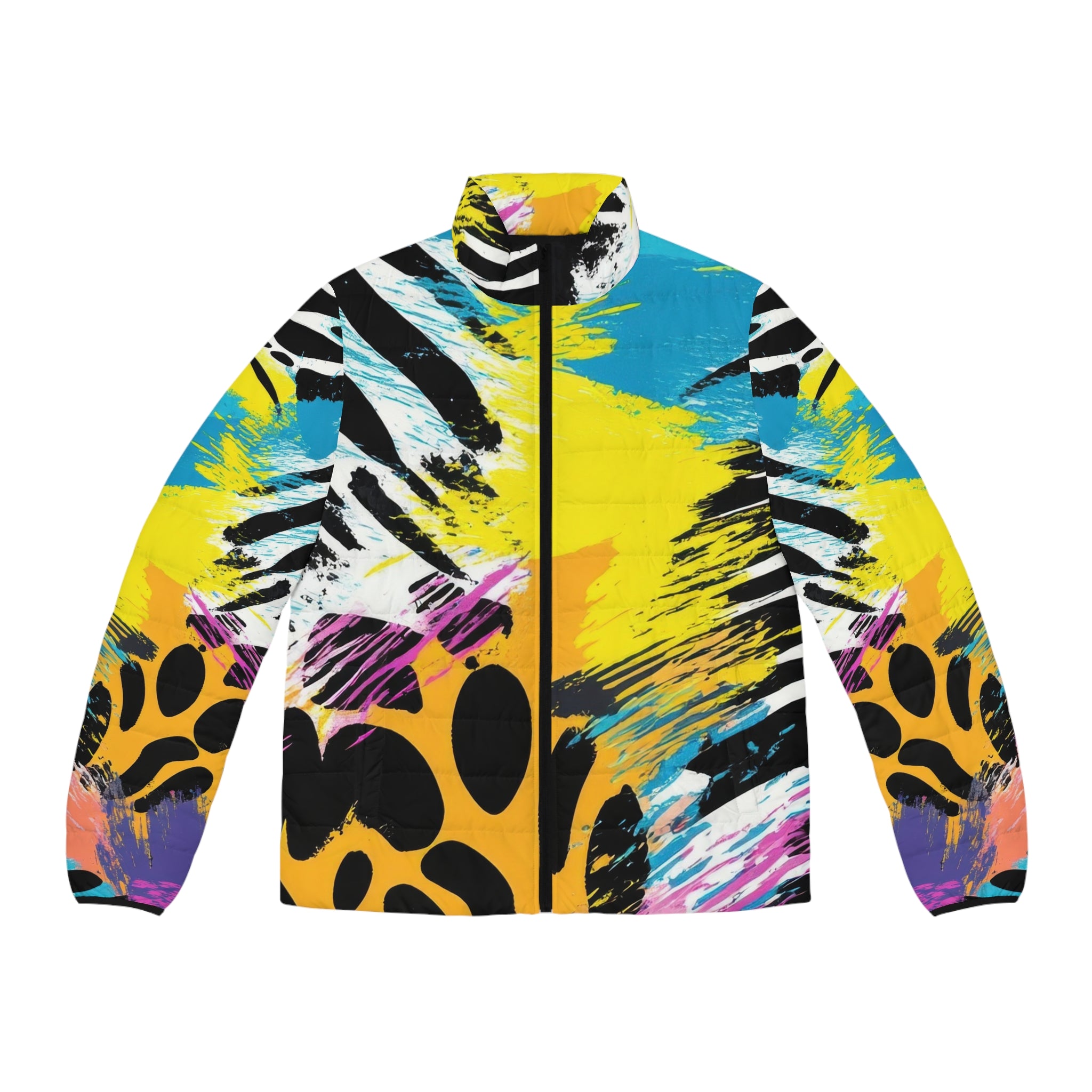 Zebra Stripes x Leopard Print x Paint Splatter Multi-Color Men's Puffer Jacket (AOP), Artsulli - Art is Long, Life is Short, All Over Prints, Size, S, Color, Black zipper, , , 25582907368120073627