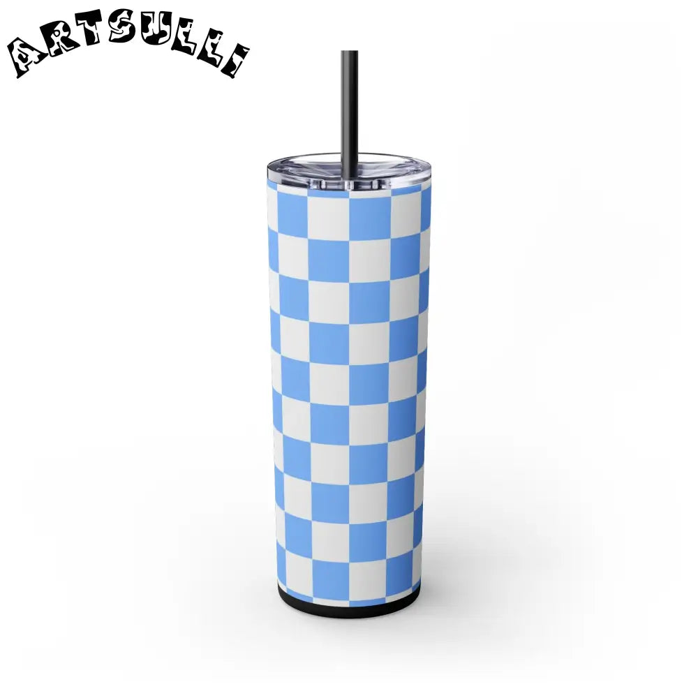 JAKKOUTTHEBXX Checkerboard White and Light Blue Skinny Tumbler