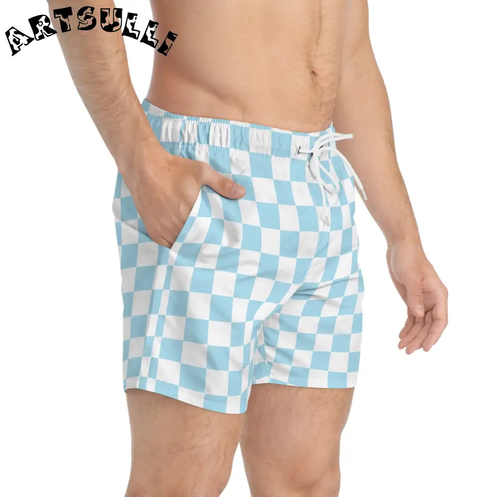 JAKKOUTTHEBXX Checkerboard Sky Blue Swim Trunks (AOP) JAKKOUTTHEBXX