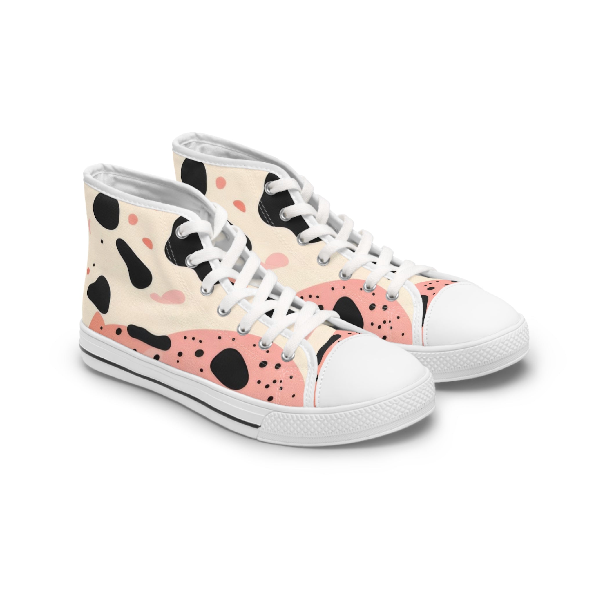 Organic Cow Print Cream and Pink Women's High Top Sneakers, Artsulli - Art is Long, Life is Short, Shoes, Size, US 5.5, Color, White sole, , , 38759878523472913433