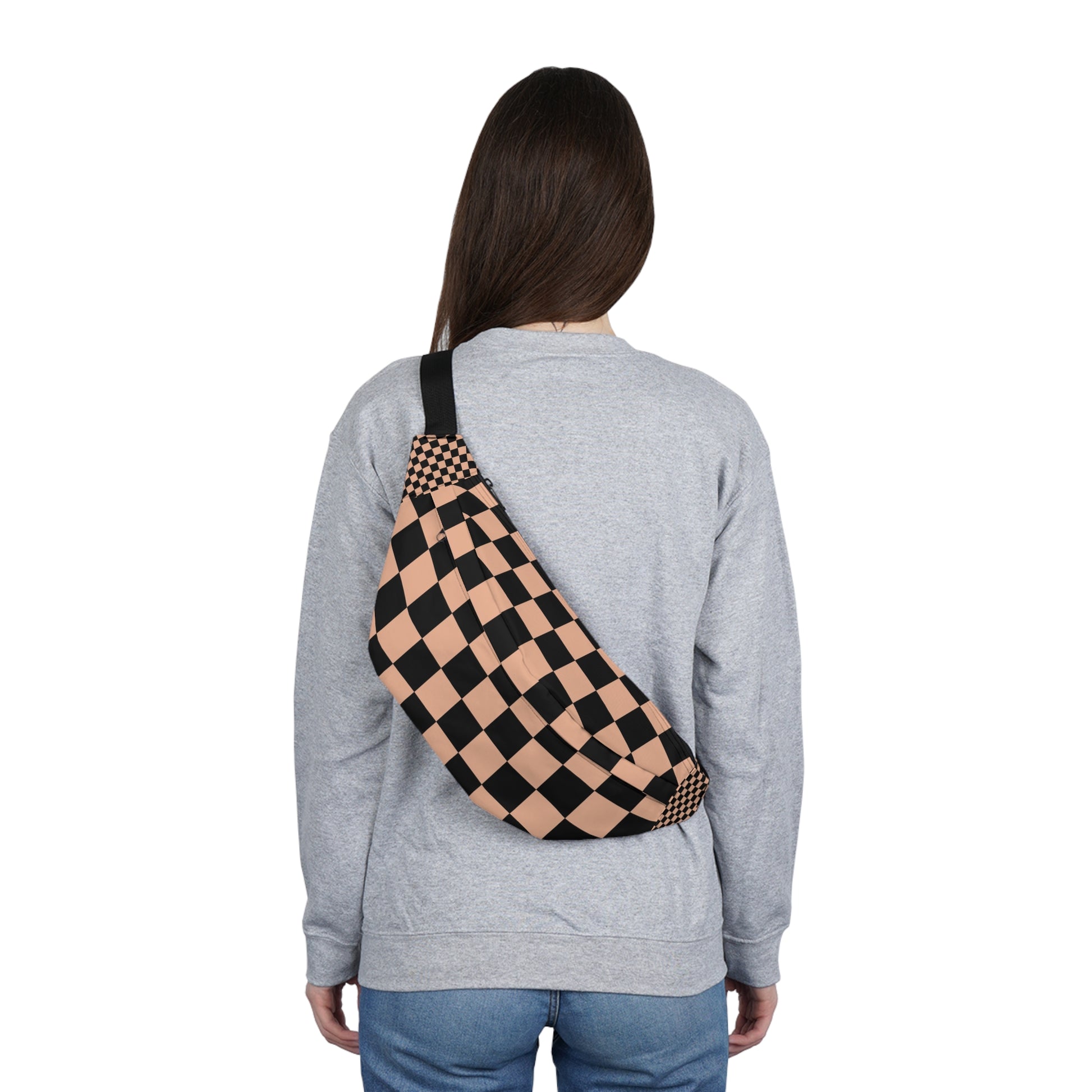 Checkerboard Soft Orange and Black Large Fanny Pack, Artsulli - Art is Long, Life is Short, Bags, , , , , , , 