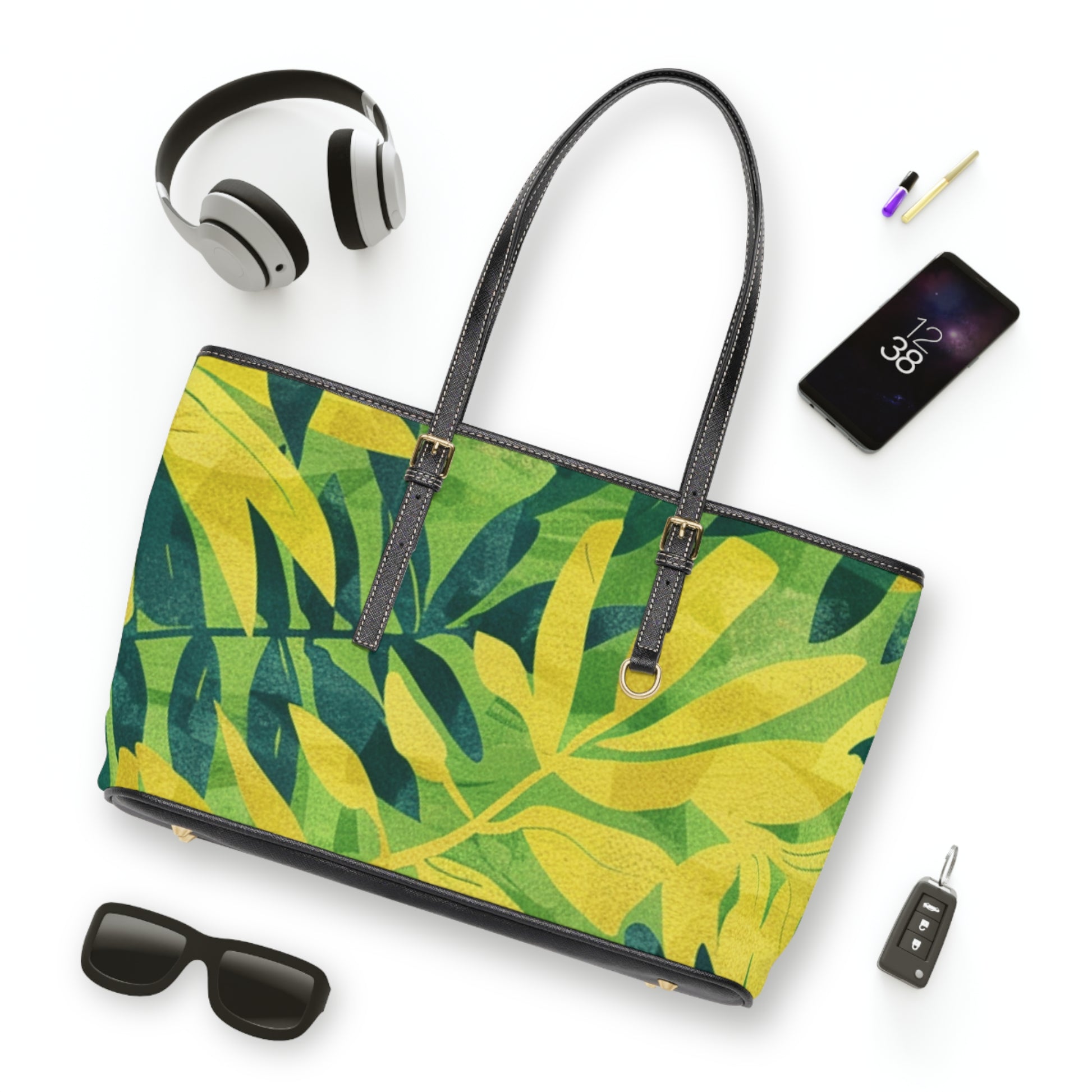 Green Leaf x Yellow Leaf x Tropical x Jungle PU Leather Shoulder Bag, Artsulli - Art is Long, Life is Short, Bags, , , , , , , 