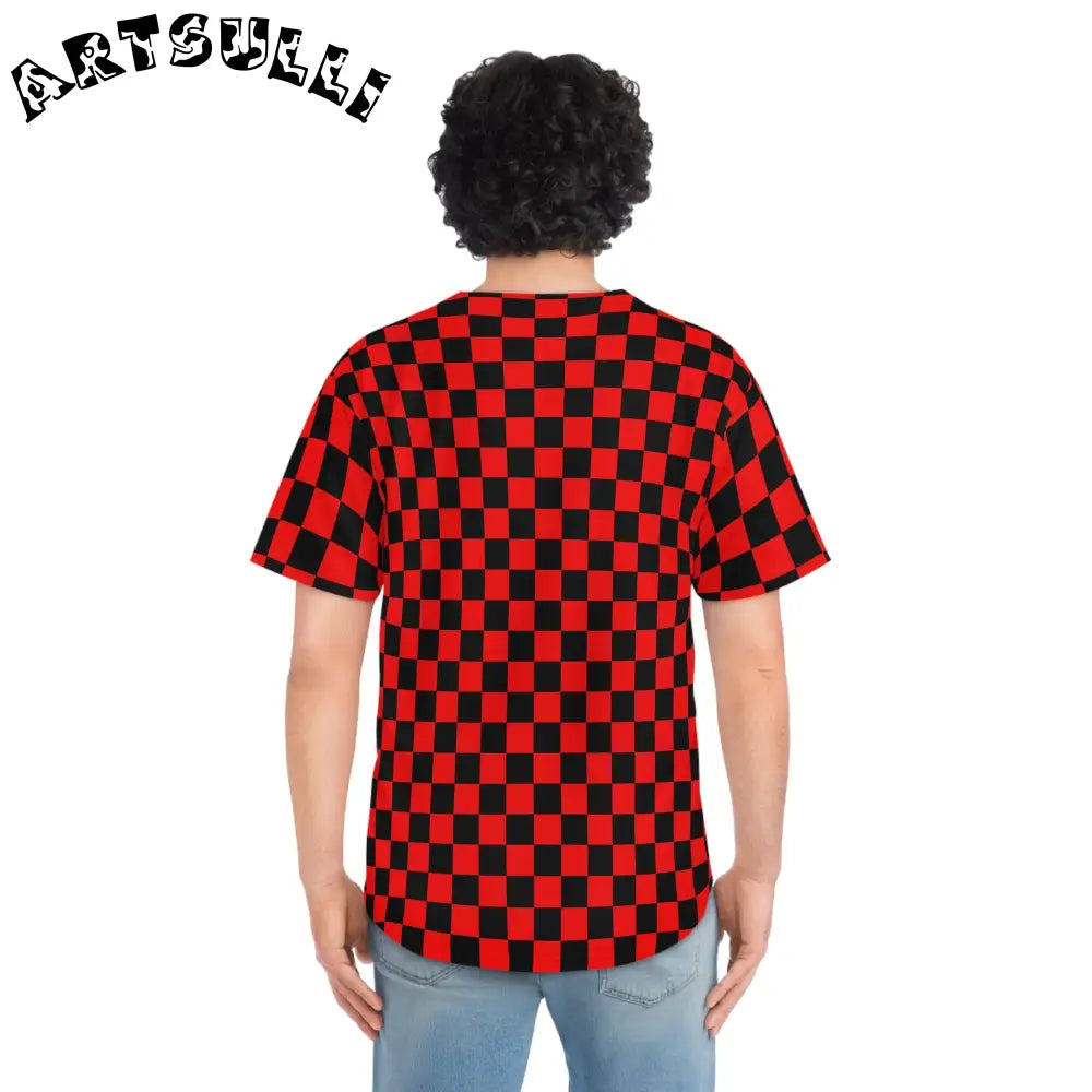 JAKKOUTTHEBXX Checkerboard II Red and Black Men’s Baseball Jersey