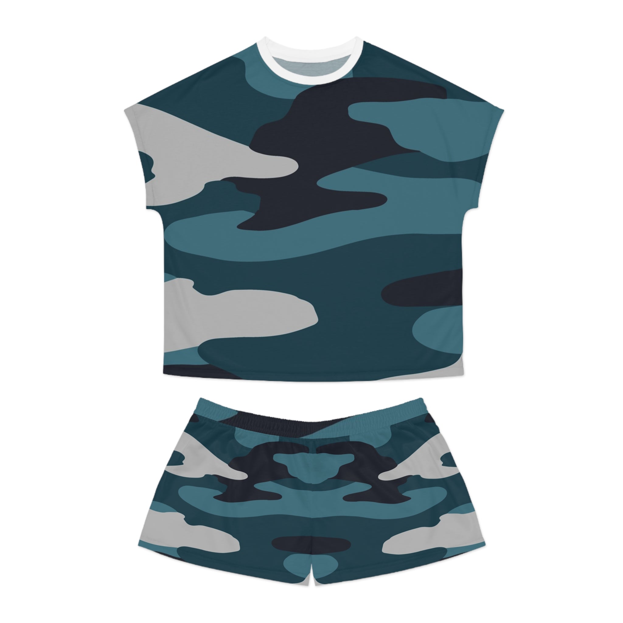 Blue Camouflage Women's Short Pajama Set (AOP), Artsulli - Art is Long, Life is Short, All Over Prints, Size, S, Color, White, , , 12941289140580