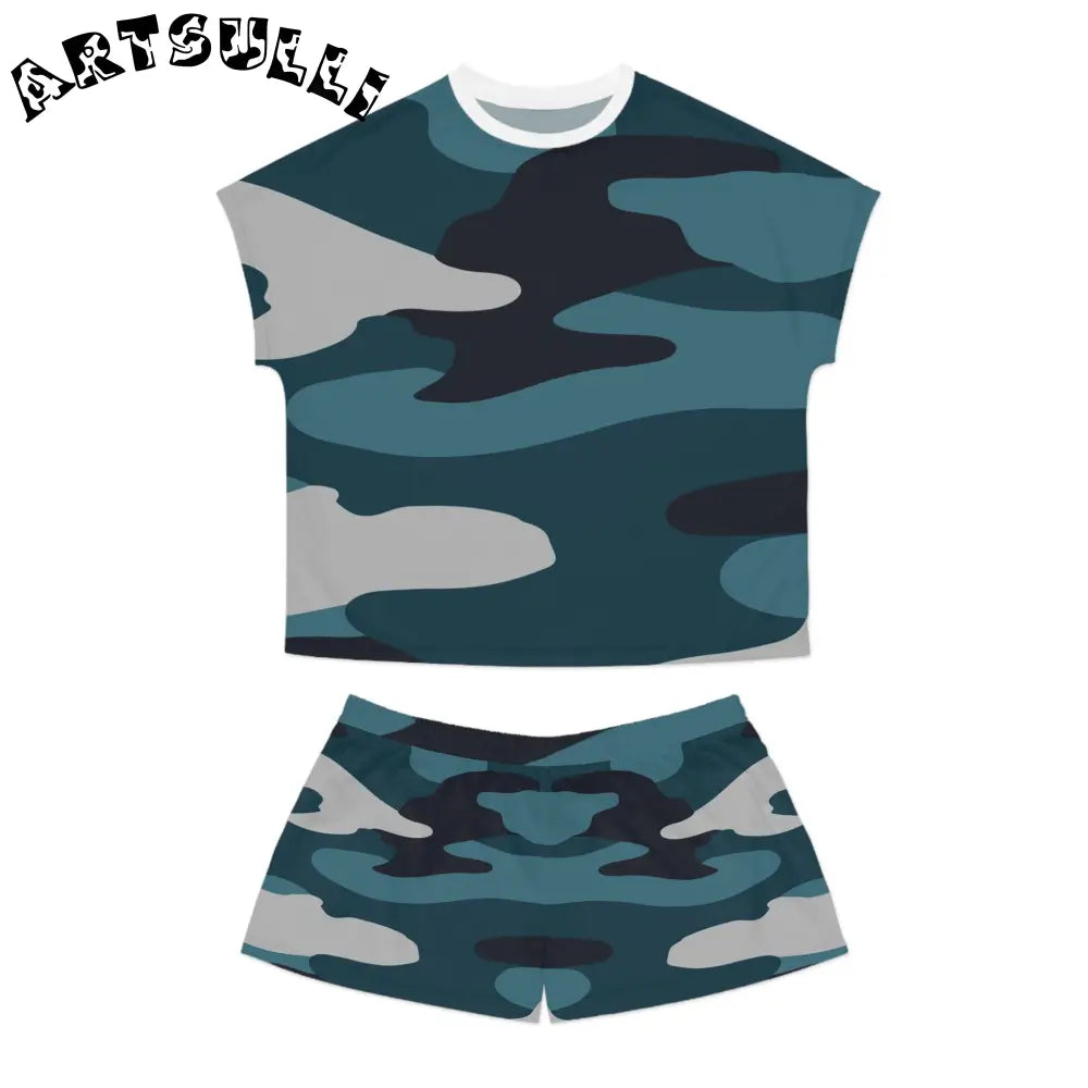 JAKKOUTTHEBXX Blue Camouflage Women’s Short Pajama Set (AOP)