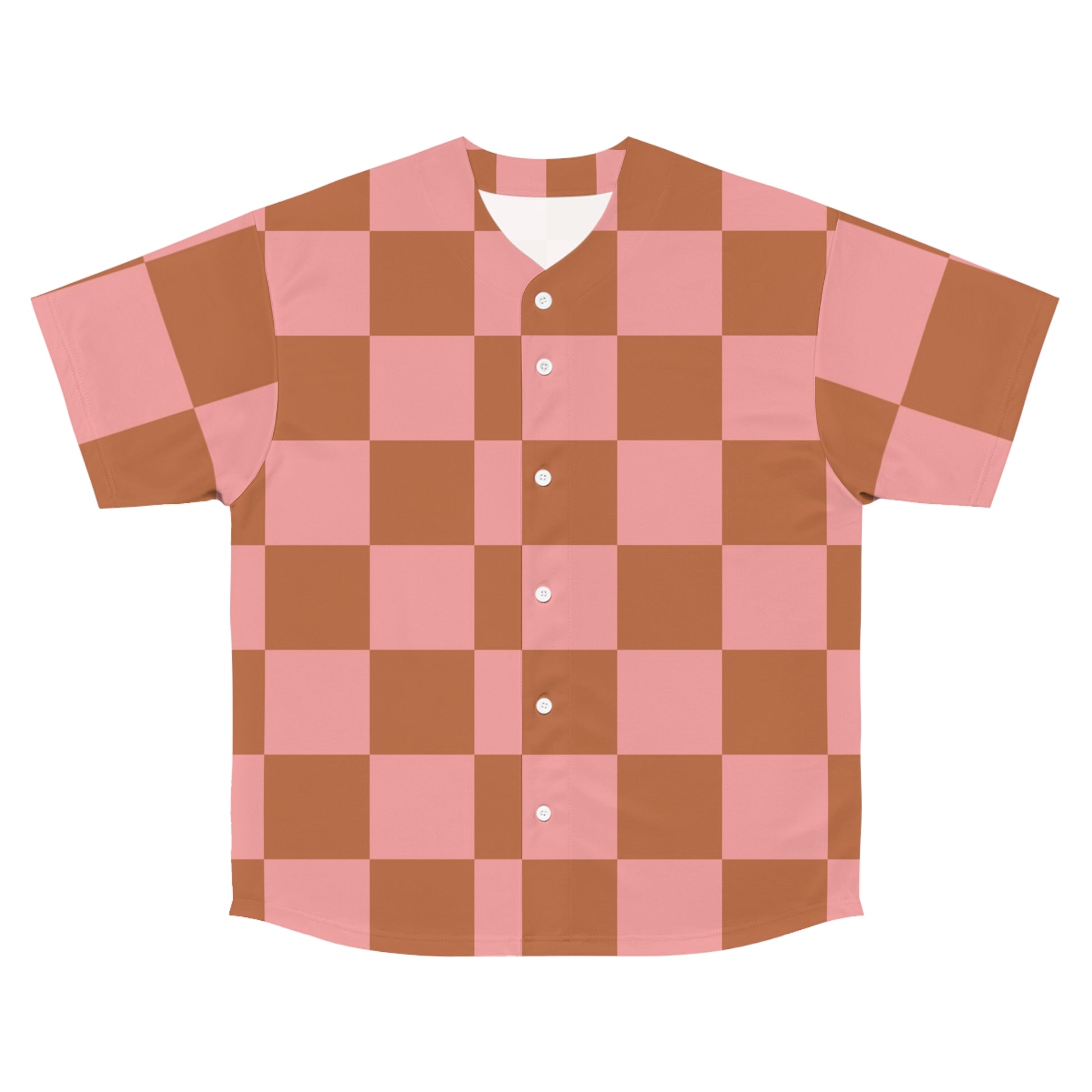 Chessboard Pink and Brown Men's Baseball Jersey (AOP), Artsulli - Art is Long, Life is Short, All Over Prints, Size, S, Color, Seam thread color automatically matched to design, , , 12215901172391112443