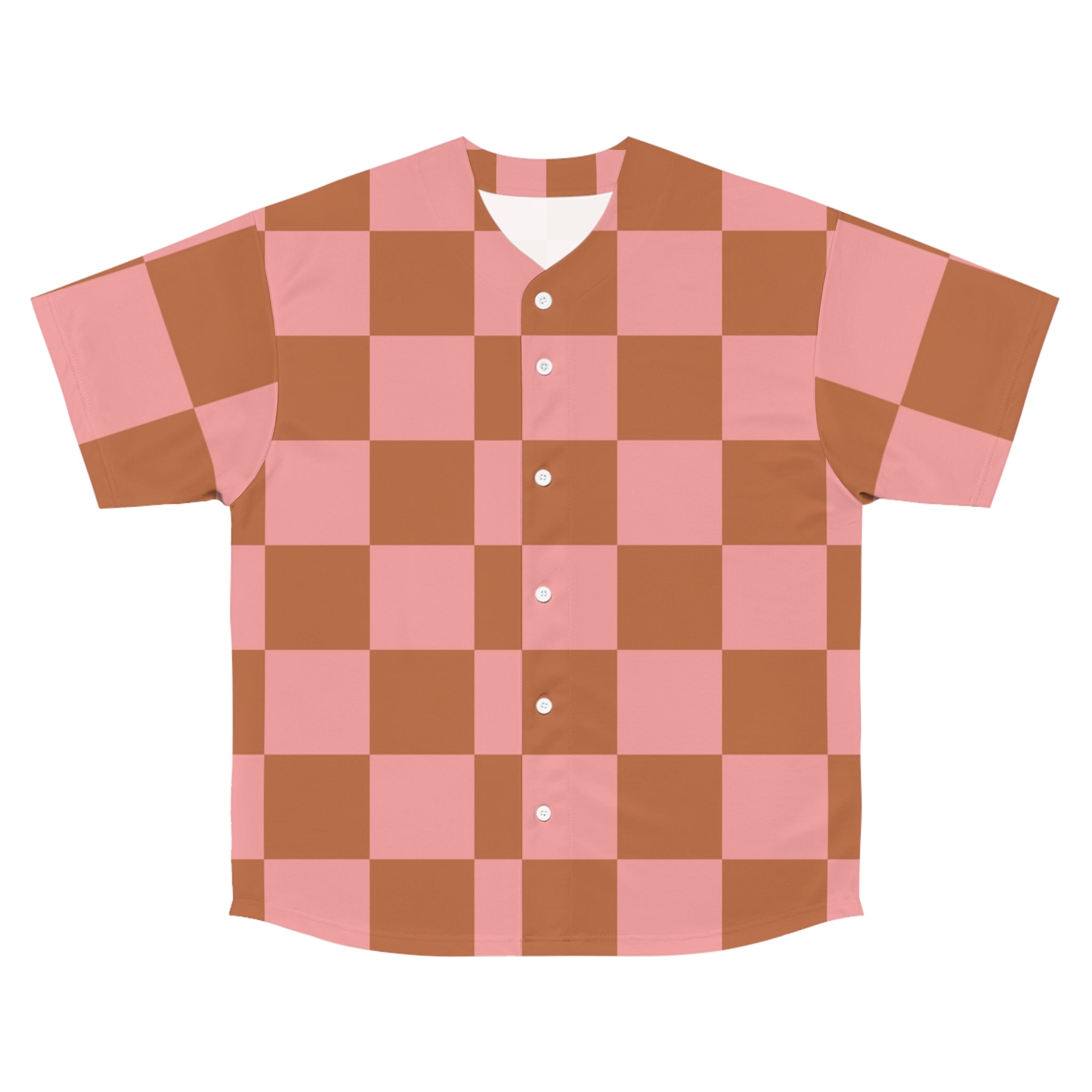 Chessboard Pink and Brown Men's Baseball Jersey (AOP), Artsulli - Art is Long, Life is Short, All Over Prints, Size, S, Color, Seam thread color automatically matched to design, , , 12215901172391112443