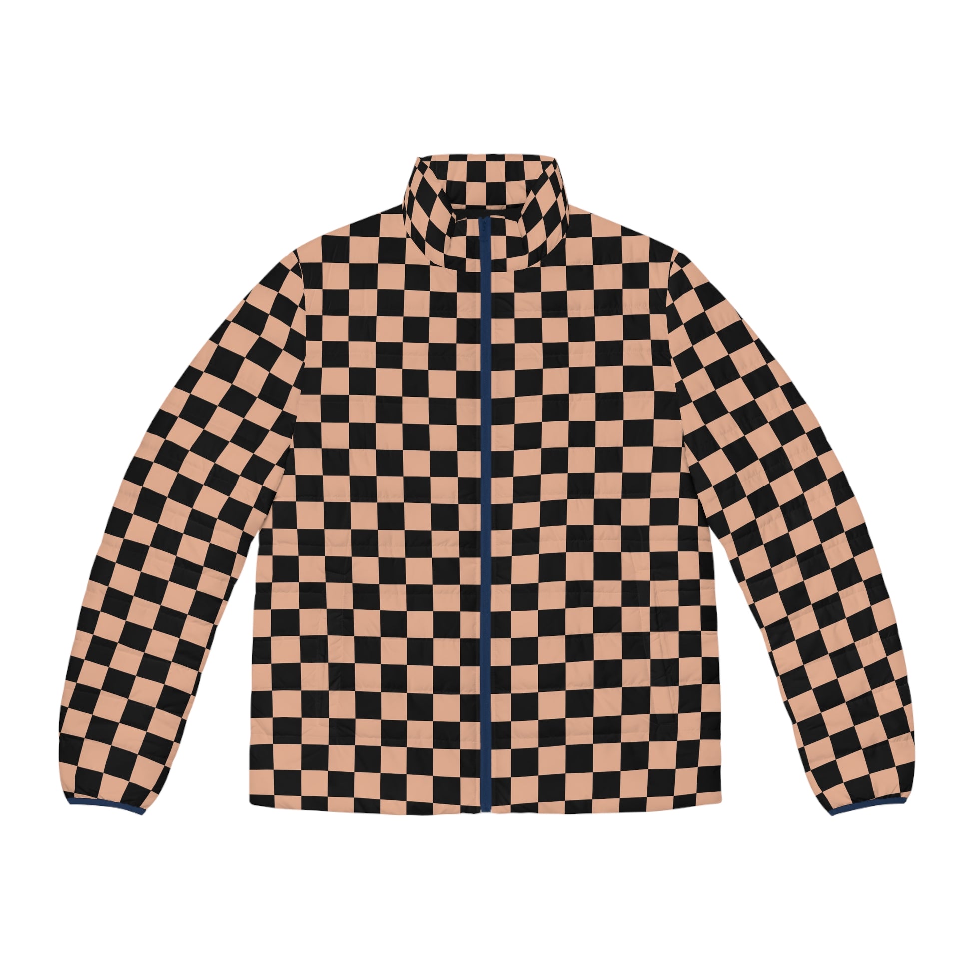 Checkerboard Soft Orange and Black Men's Puffer Jacket (AOP), Artsulli - Art is Long, Life is Short, All Over Prints, Size, S, Color, Dark blue zipper, , , 28109537690745195191