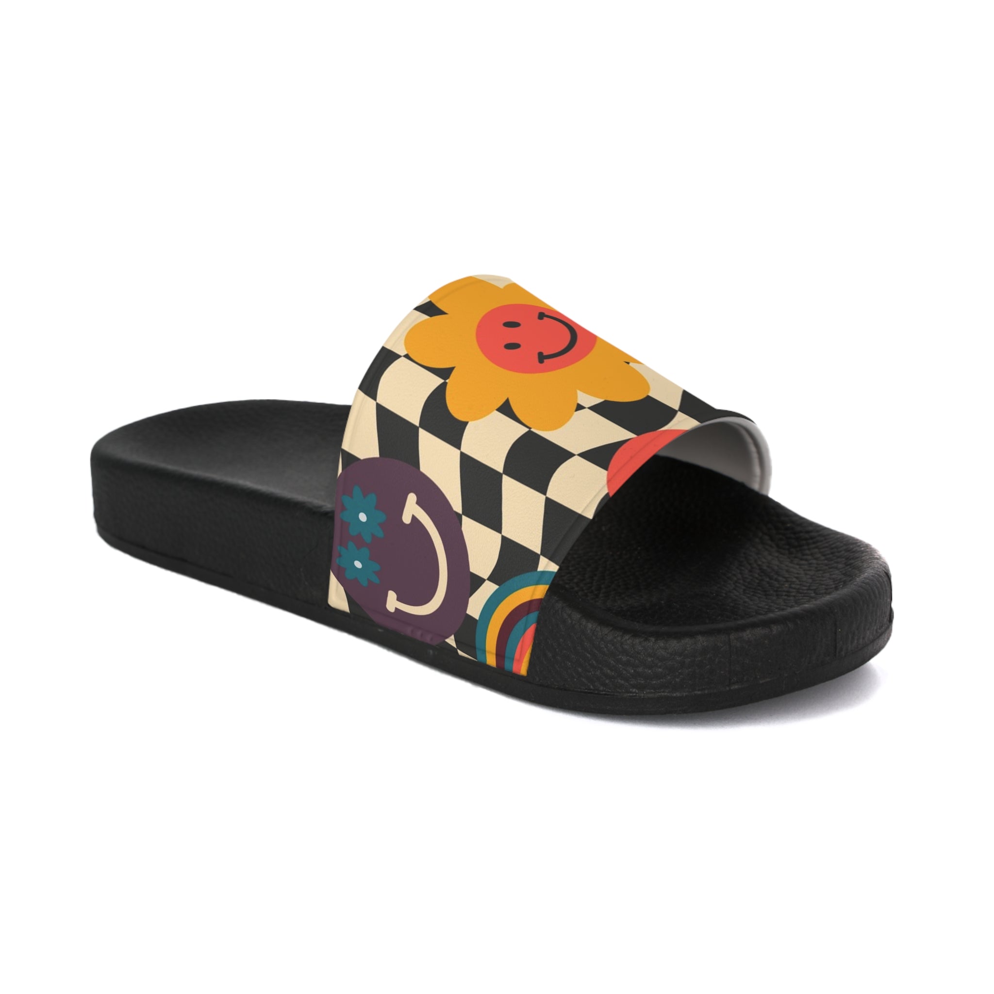 Trippy x Wavy Checkerboard x Smiley Face x Rainbow x Flowers Multi-Color Women's Slide Sandals, Artsulli - Art is Long, Life is Short, Shoes, Color, Black sole, Size, US 5, , , 96620139916089629774