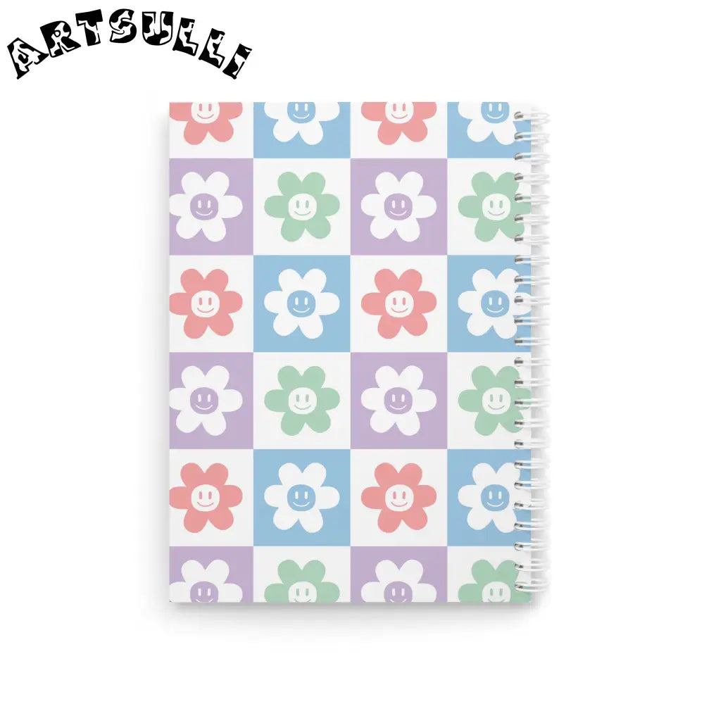 JAKKOUTTHEBXX Smiley Flower Checkered Wide-Ruled Spiral Notebook 2025