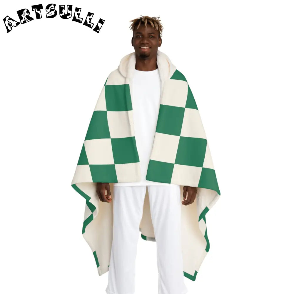 JAKKOUTTHEBXX Checkerboard Dark Green Hooded Sherpa Fleece Blanket