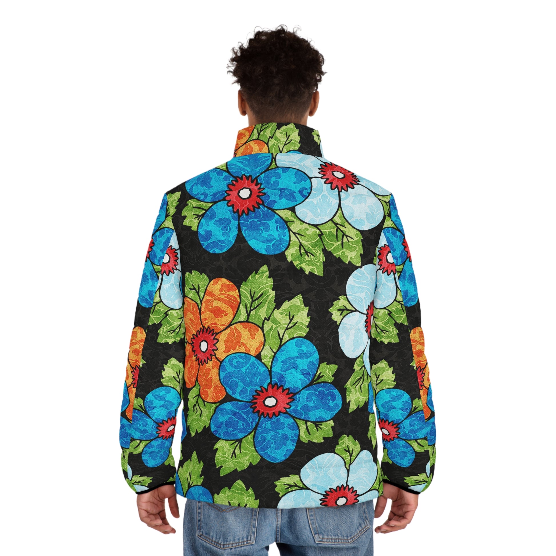 Groovy Black Floral Kl Men's Puffer Jacket (AOP), Artsulli - Art is Long, Life is Short, All Over Prints, , , , , , , 