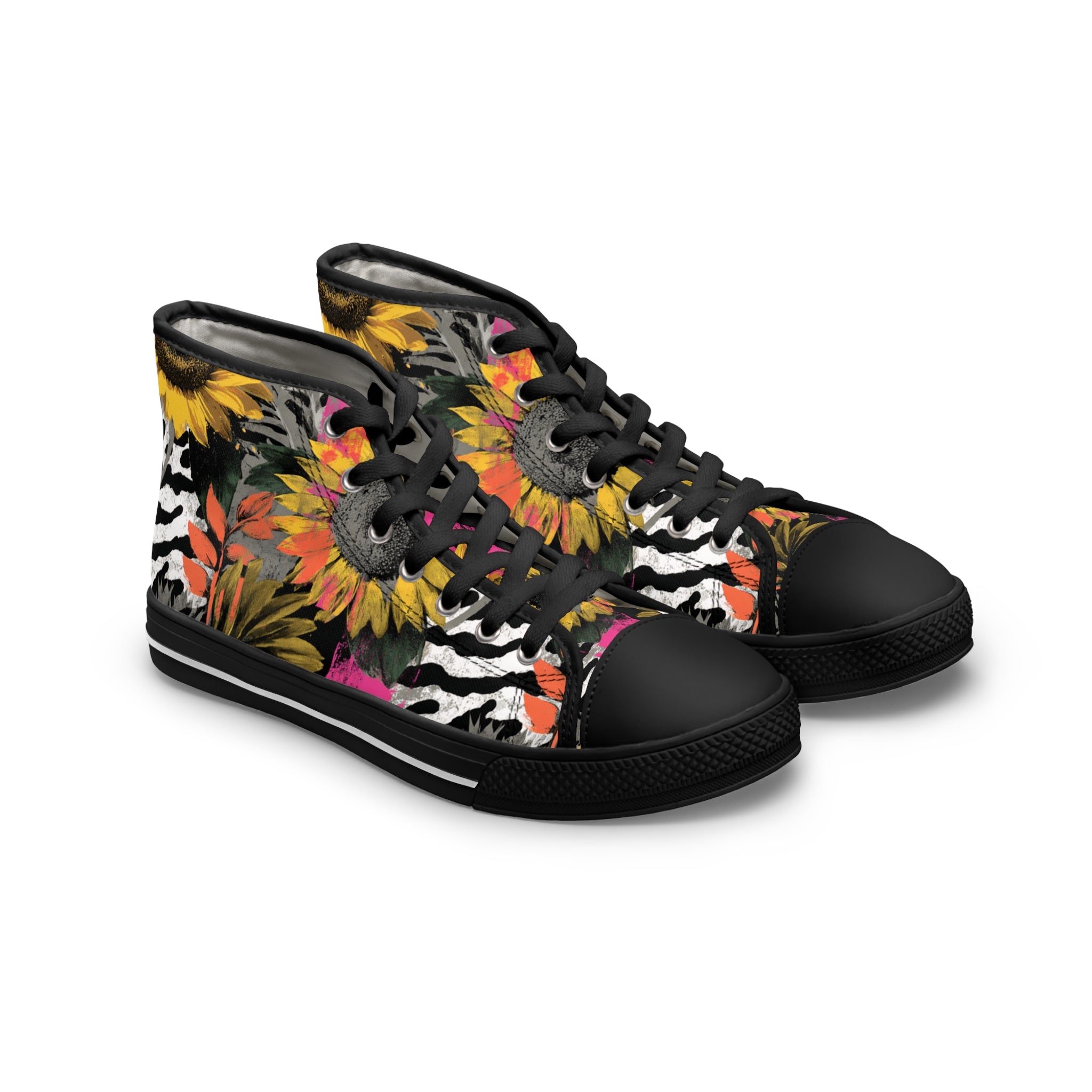 Zebra Stripes x Sunflowers Multi-Color Women's High Top Sneakers, Artsulli - Art is Long, Life is Short, Shoes, Size, US 5.5, Color, Black sole, , , 89539440077650774302