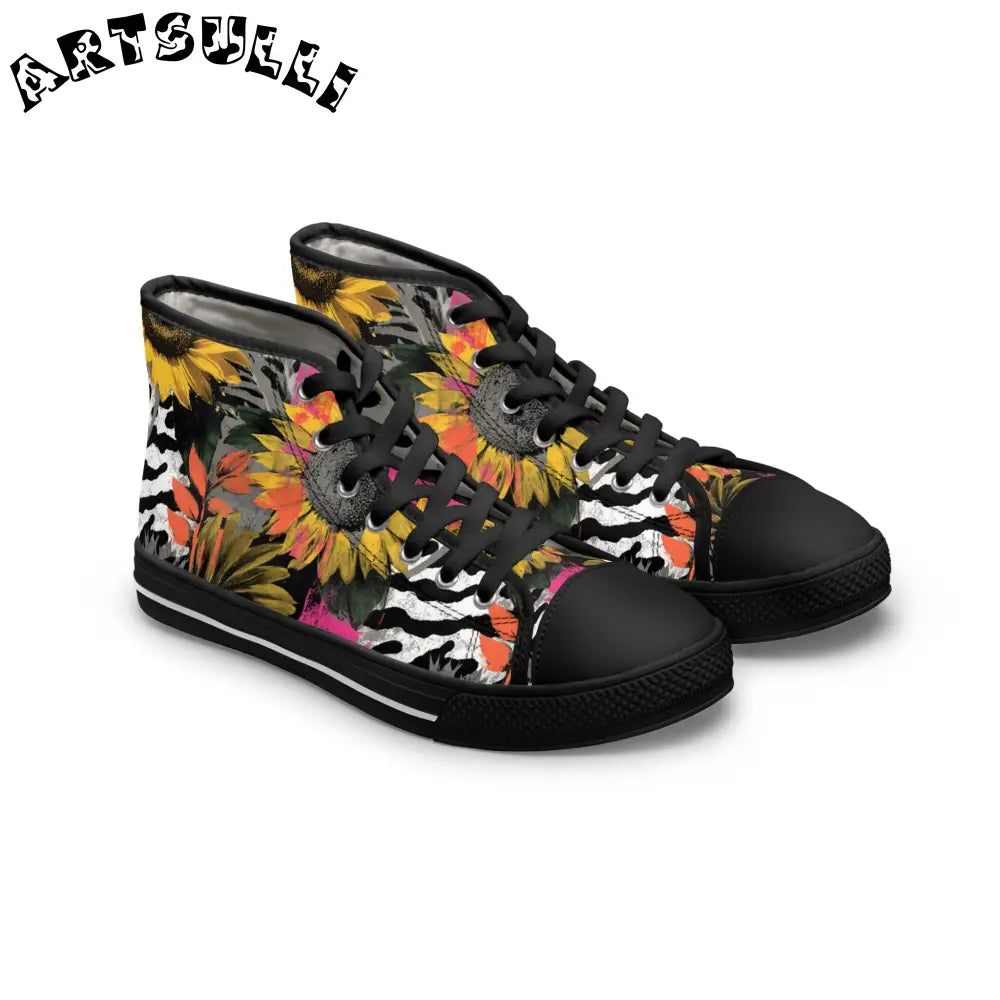 Zebra Stripes x Sunflowers Multi-Color Women's High Top Sneakers, Artsulli - Art is Long, Life is Short, Shoes, Size, US 5.5, Color, Black sole, , , 89539440077650774302