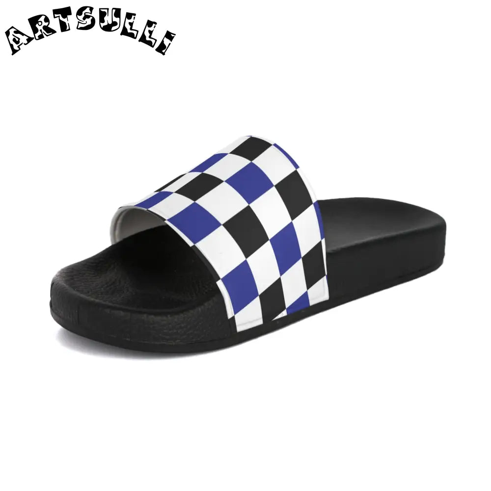 JAKKOUTTHEBXX Checkerboard Blue White and Black Men’s Slide Sandals