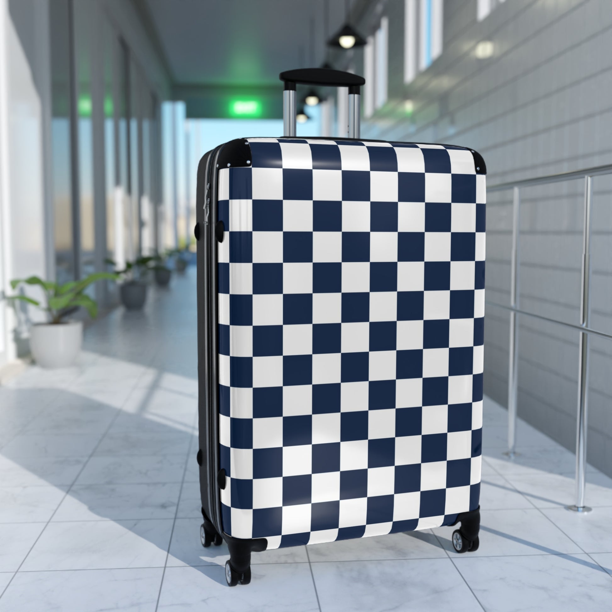 Checkerboard White and Navy Blue Suitcase, Artsulli - Art is Long, Life is Short, Bags, , , , , , , 