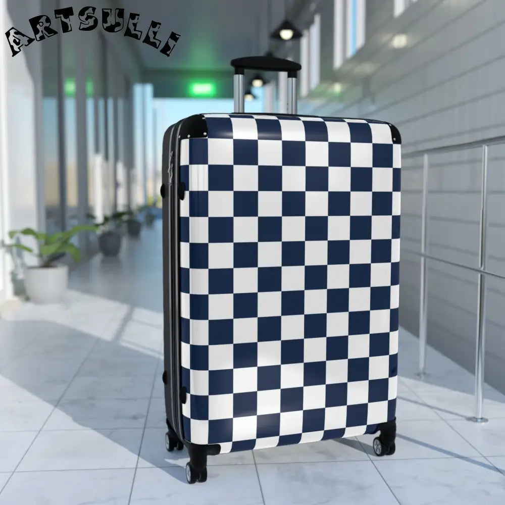 JAKKOUTTHEBXX Checkerboard White and Navy Blue Suitcase
