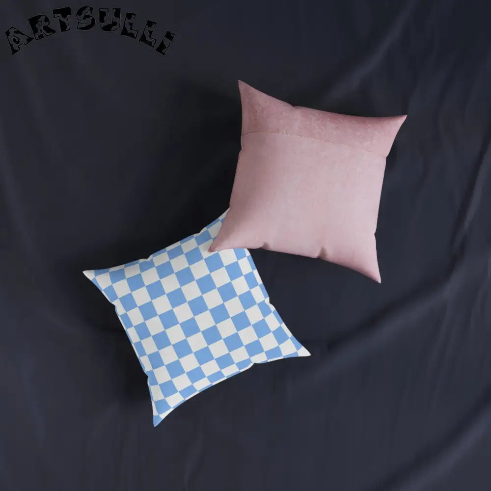 JAKKOUTTHEBXX Checkerboard White and Light Blue Square Pillow - Pink