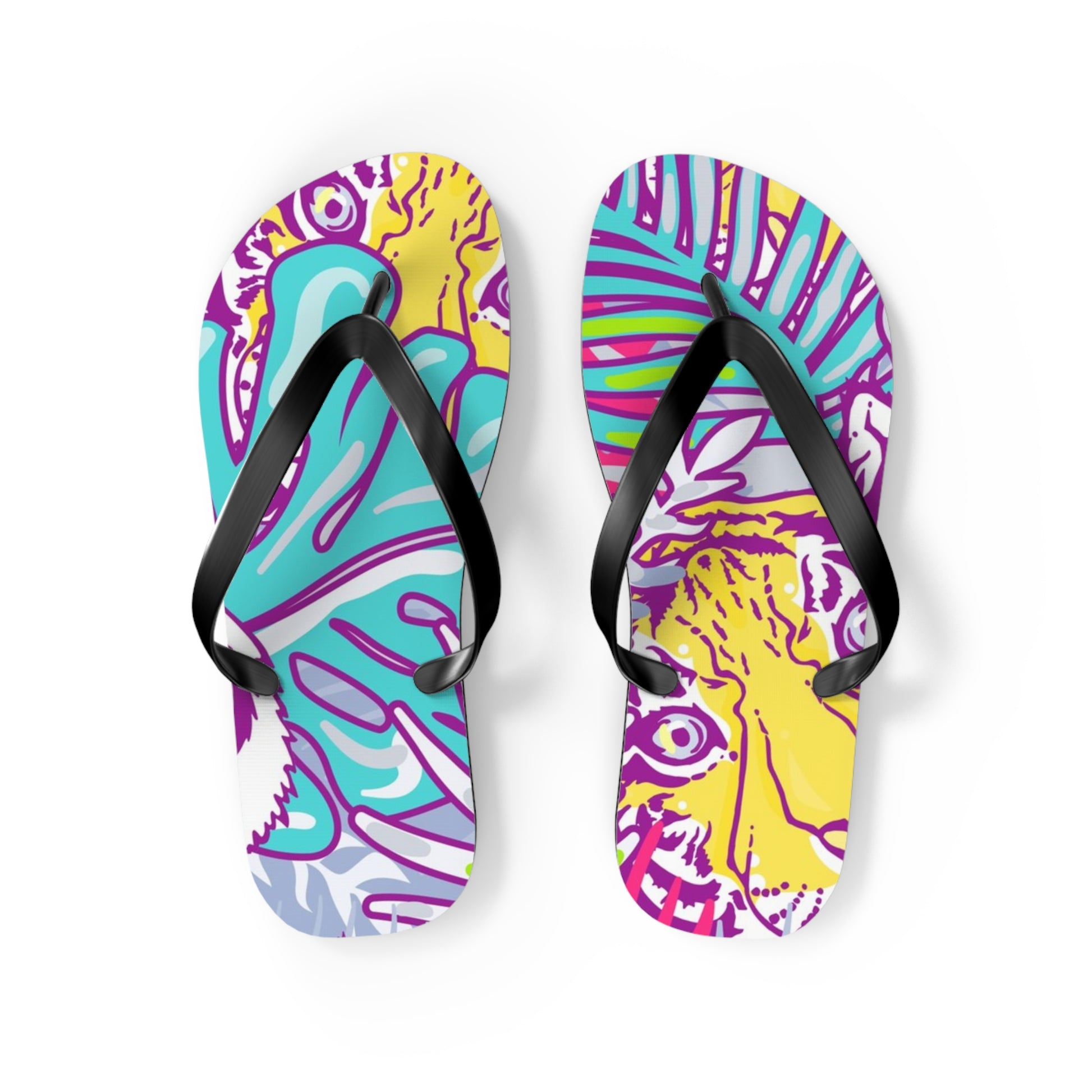 Tropical Floral Tigers Torquise and Purple Flip Flops, Artsulli - Art is Long, Life is Short, Shoes, Size, M, Color, Black sole, , , 14147568994492