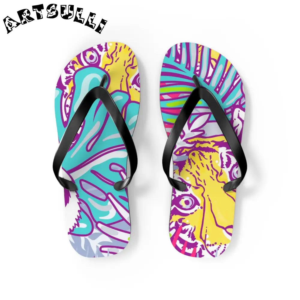 JAKKOUTTHEBXX Tropical Floral Tigers Torquise and Purple Flip Flops