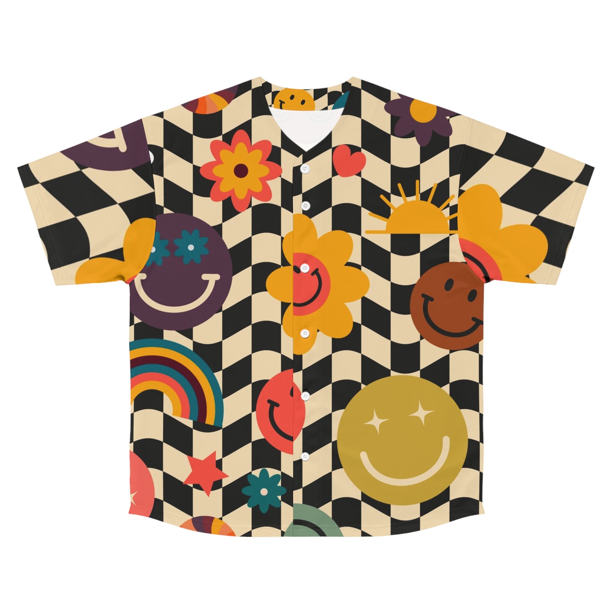 Trippy x Wavy Checkerboard x Smiley Face x Rainbow x Flowers Multi-Color Men's Baseball Jersey (AOP), Artsulli - Art is Long, Life is Short, All Over Prints, Size, S, Color, Seam thread color automatically matched to design, , , 66073215914016056774