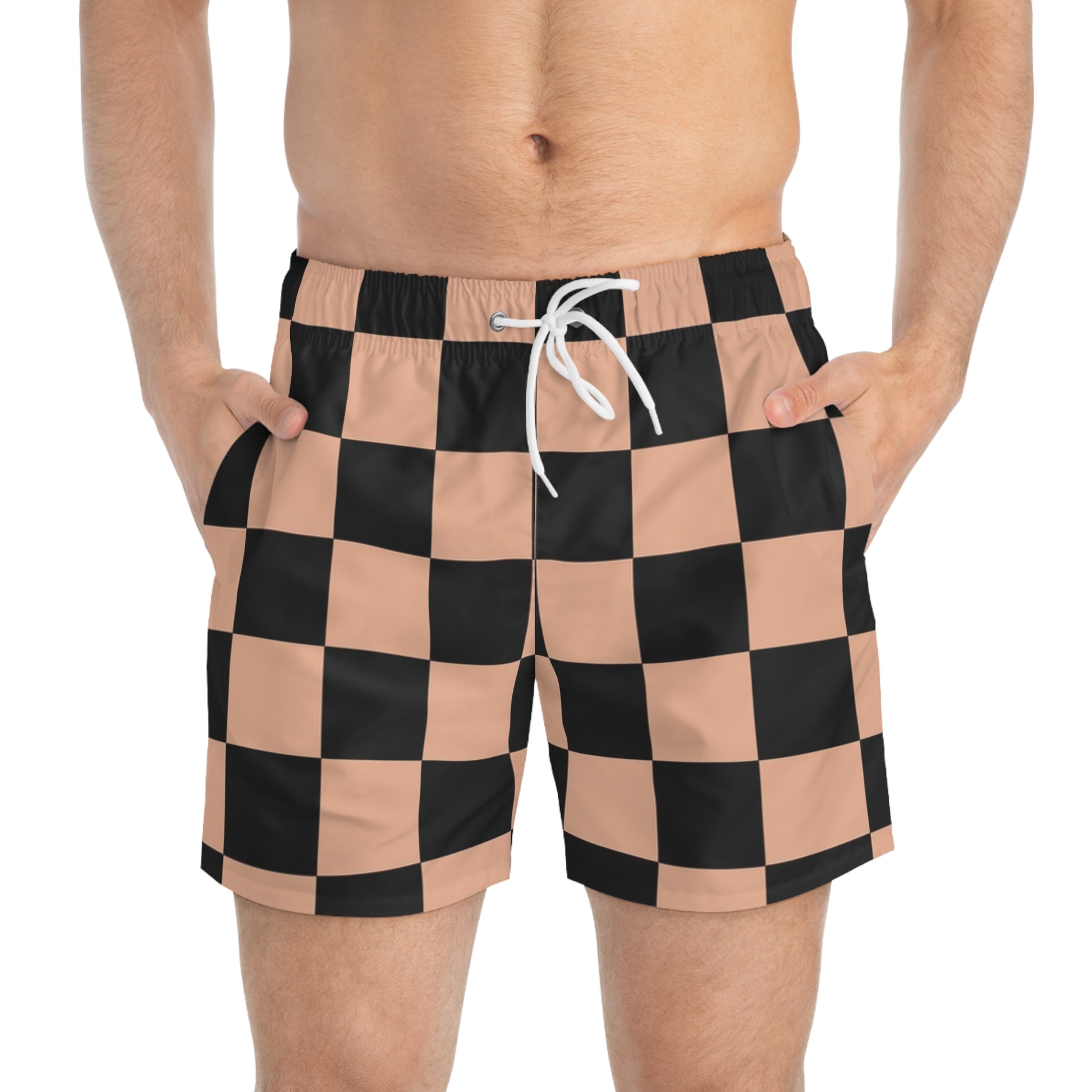 Checkerboard Soft Orange and Black Swim Trunks (AOP), Artsulli - Art is Long, Life is Short, All Over Prints, , , , , , , 