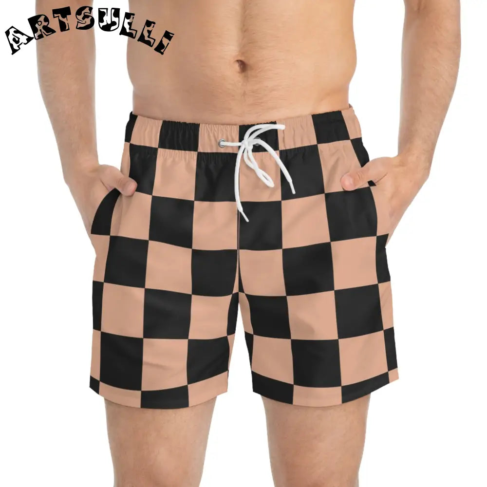 JAKKOUTTHEBXX Checkerboard Soft Orange and Black Swim Trunks (AOP)