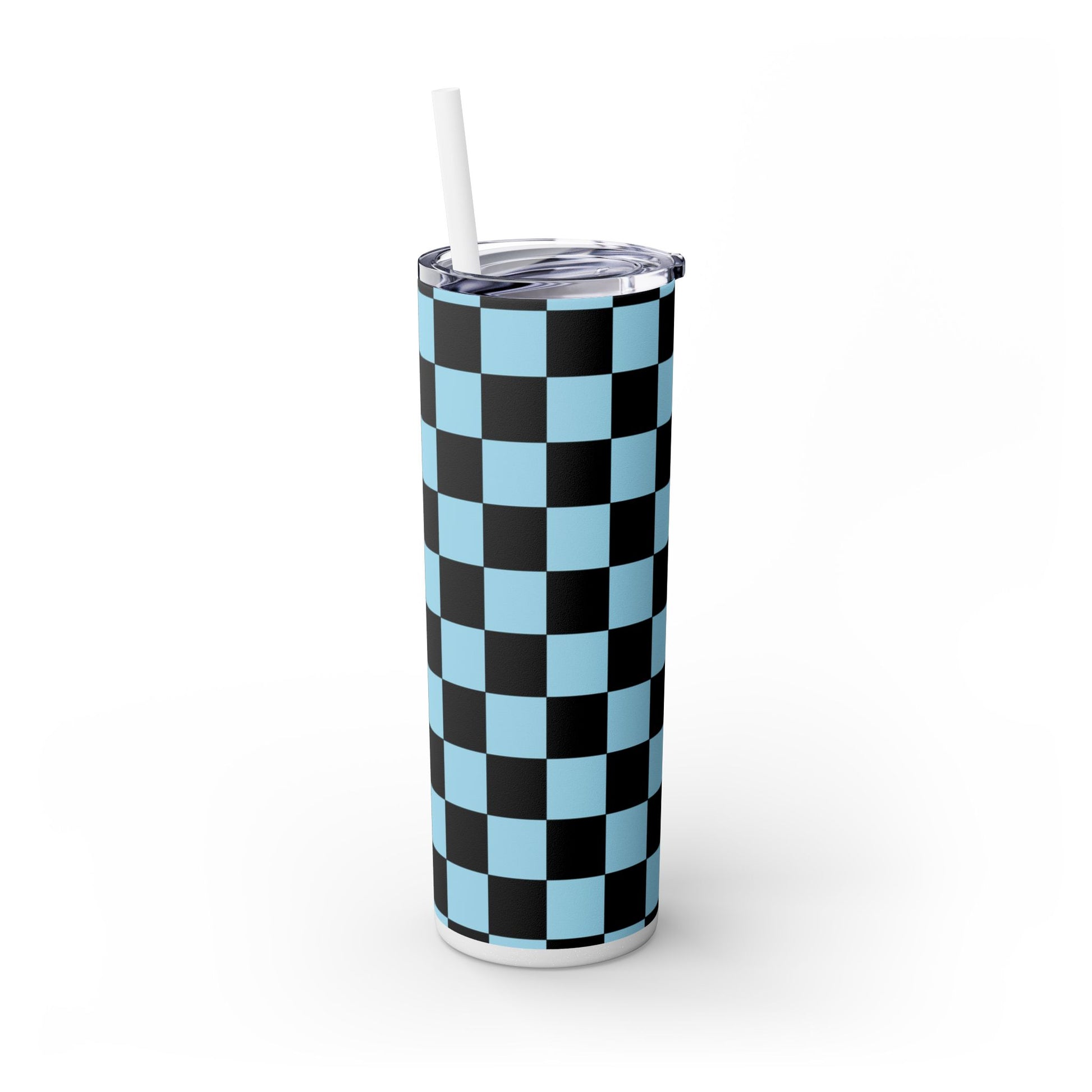 Checkerboard Black and Blue Skinny Tumbler with Straw, 20oz, Artsulli - Art is Long, Life is Short, Mug, , , , , , , 