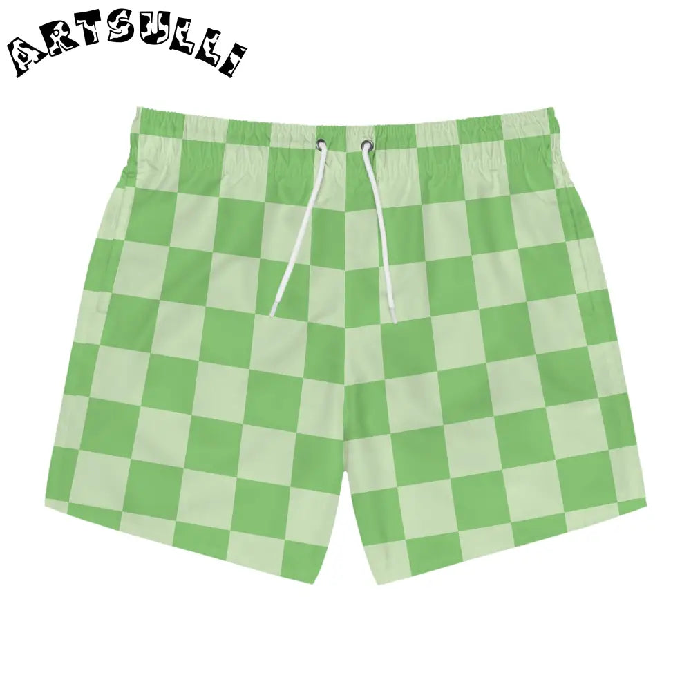 JAKKOUTTHEBXX Checkerboard Green Swim Trunks (AOP) JAKKOUTTHEBXX