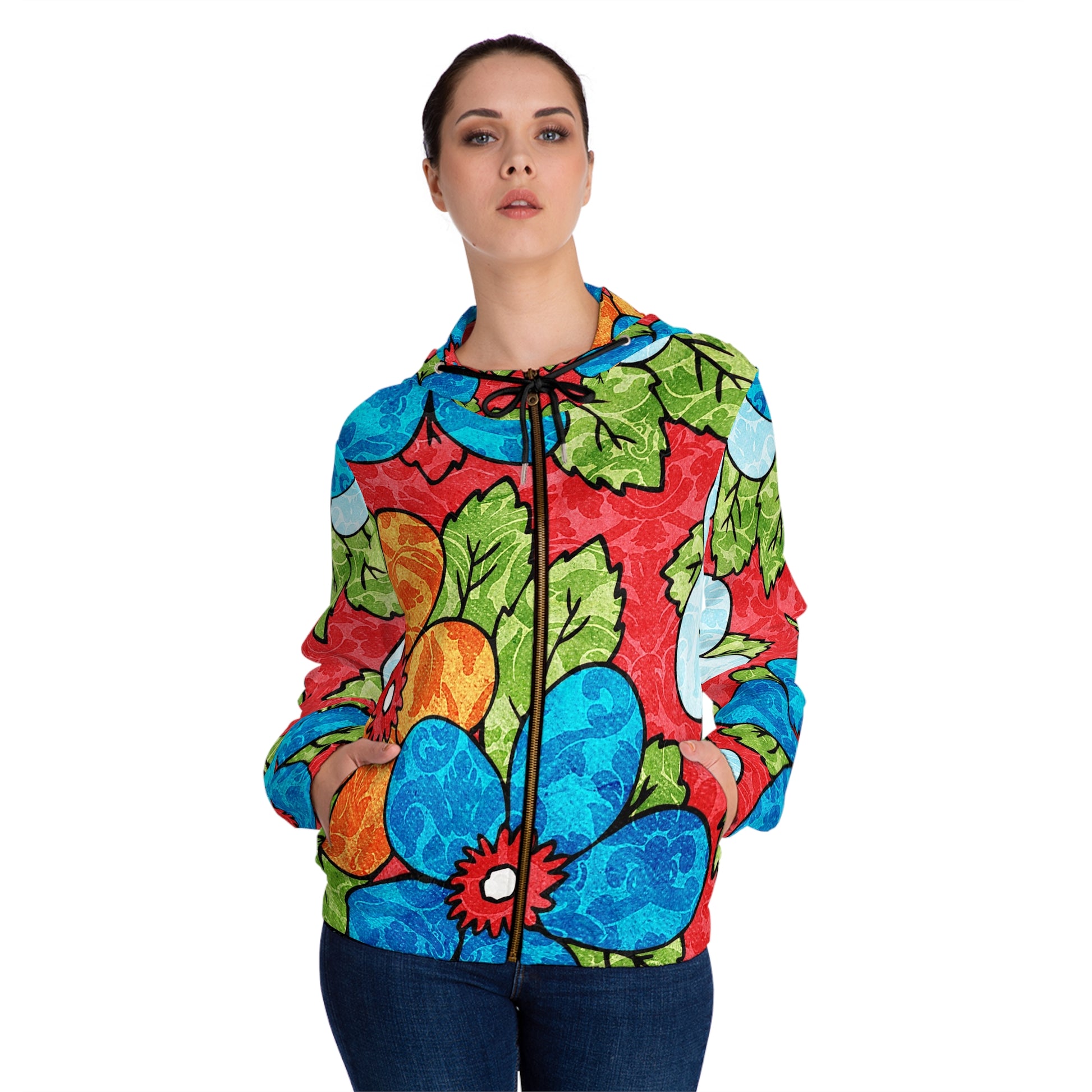 Groovy Red Floral Kl Women’s Full-Zip Hoodie (AOP), Artsulli - Art is Long, Life is Short, All Over Prints, , , , , , , 