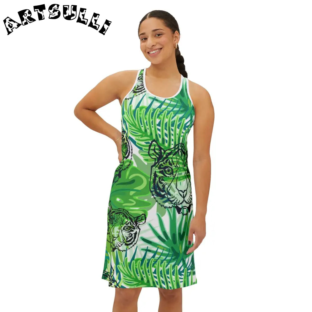 JAKKOUTTHEBXX Tropical Jungle Tigers Green Women’s Racerback Dress