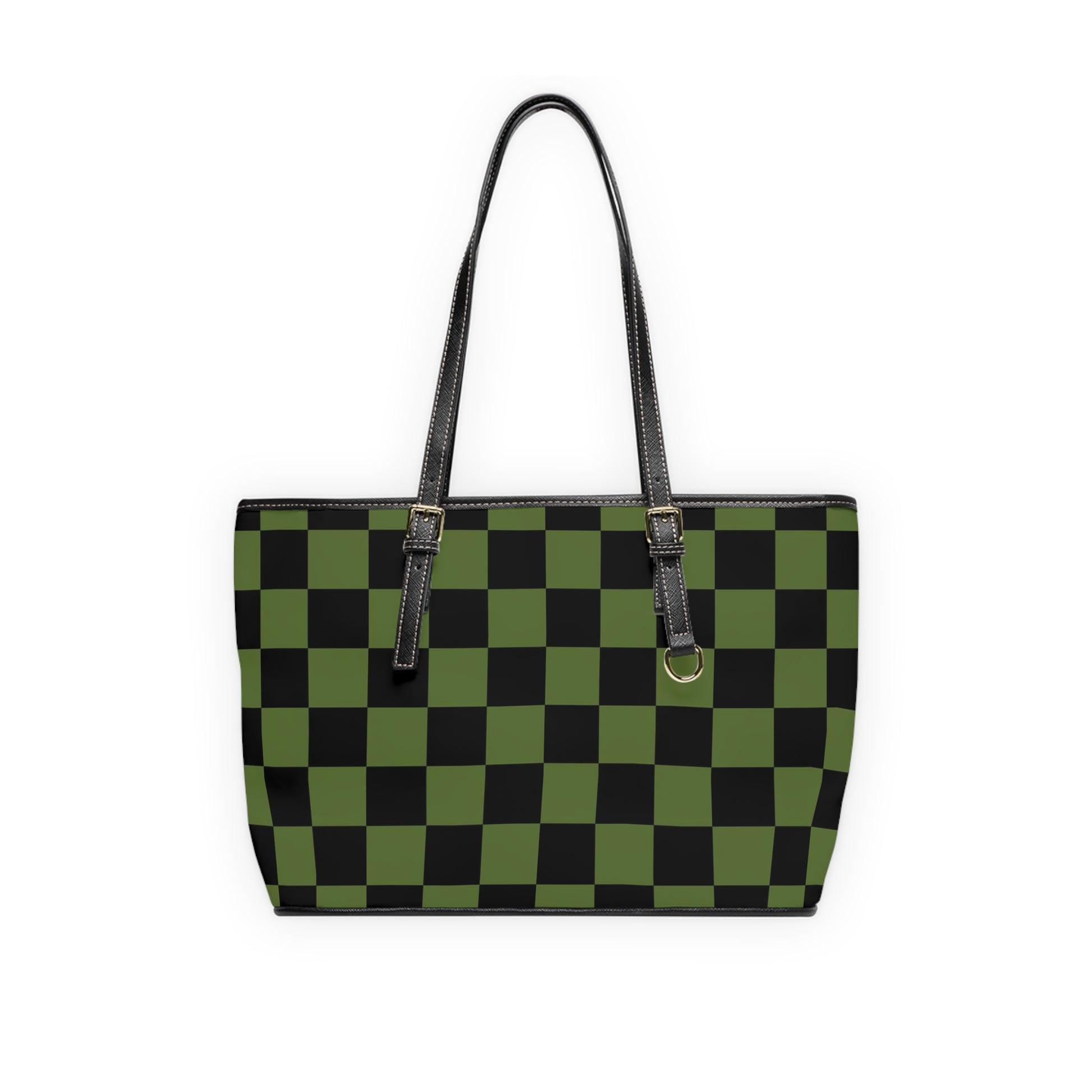 Checkerboard Olive Green and Black PU Leather Shoulder Bag, Artsulli - Art is Long, Life is Short, Bags, Size, 16" x 10", Color, Black, , , 48556424540252914250