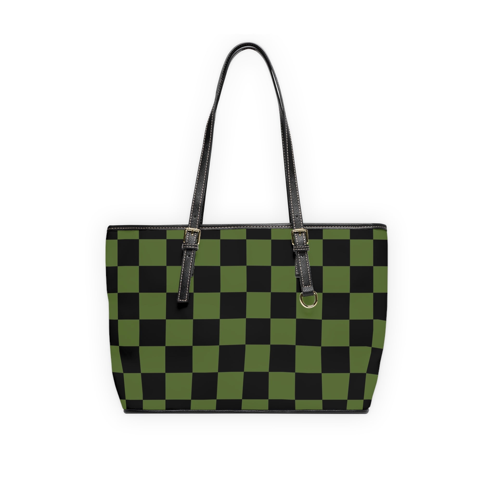 Checkerboard Olive Green and Black PU Leather Shoulder Bag, Artsulli - Art is Long, Life is Short, Bags, Size, 16" x 10", Color, Black, , , 48556424540252914250