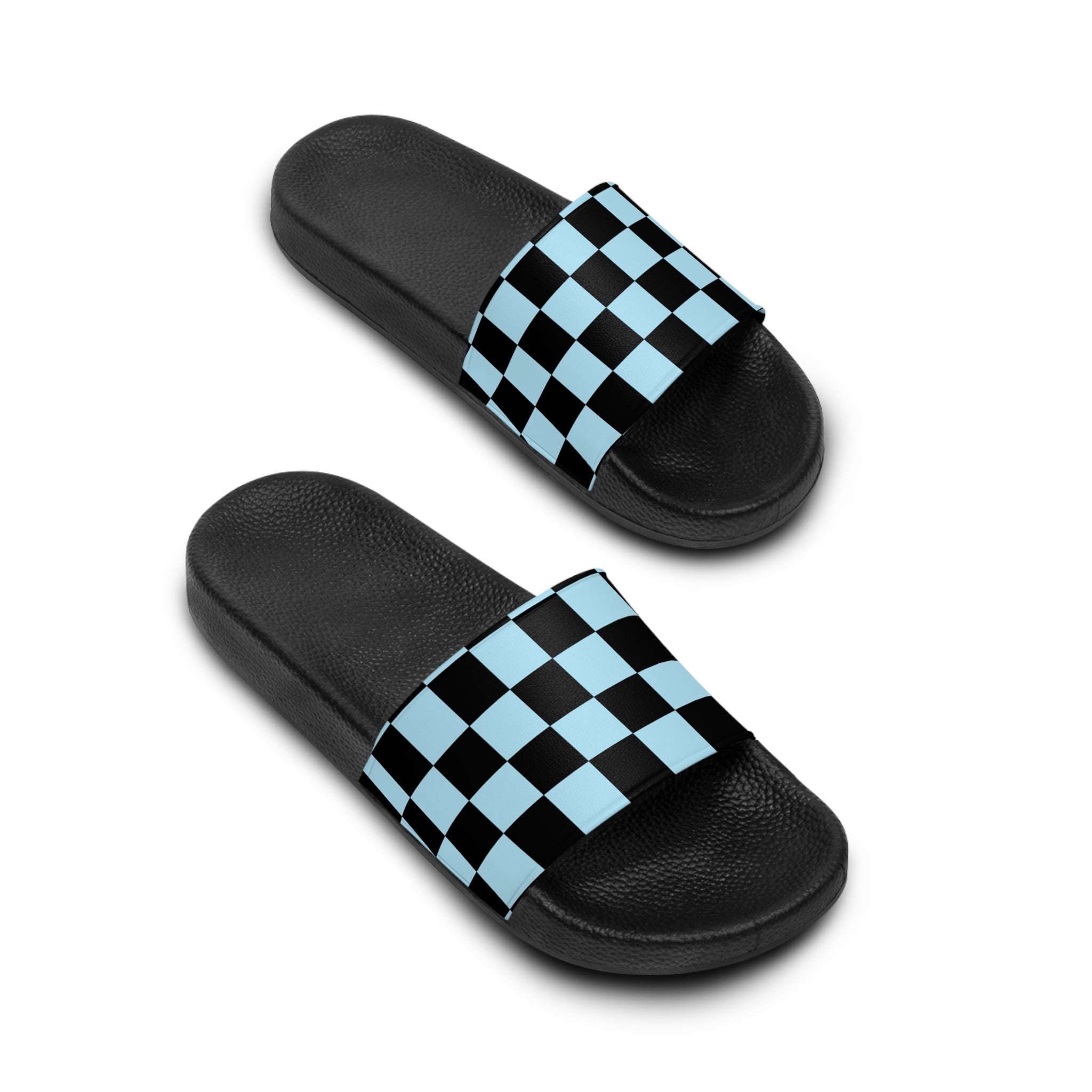Checkerboard Black and Blue Women's Slide Sandals, Artsulli - Art is Long, Life is Short, Shoes, , , , , , , 