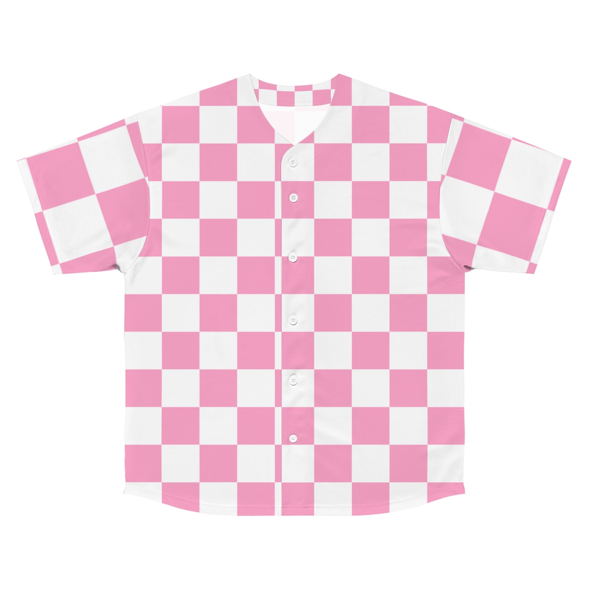 Checkerboard Hot Pink and White Men's Baseball Jersey (AOP), Artsulli - Art is Long, Life is Short, All Over Prints, Size, S, Color, Seam thread color automatically matched to design, , , 88319643863591992088