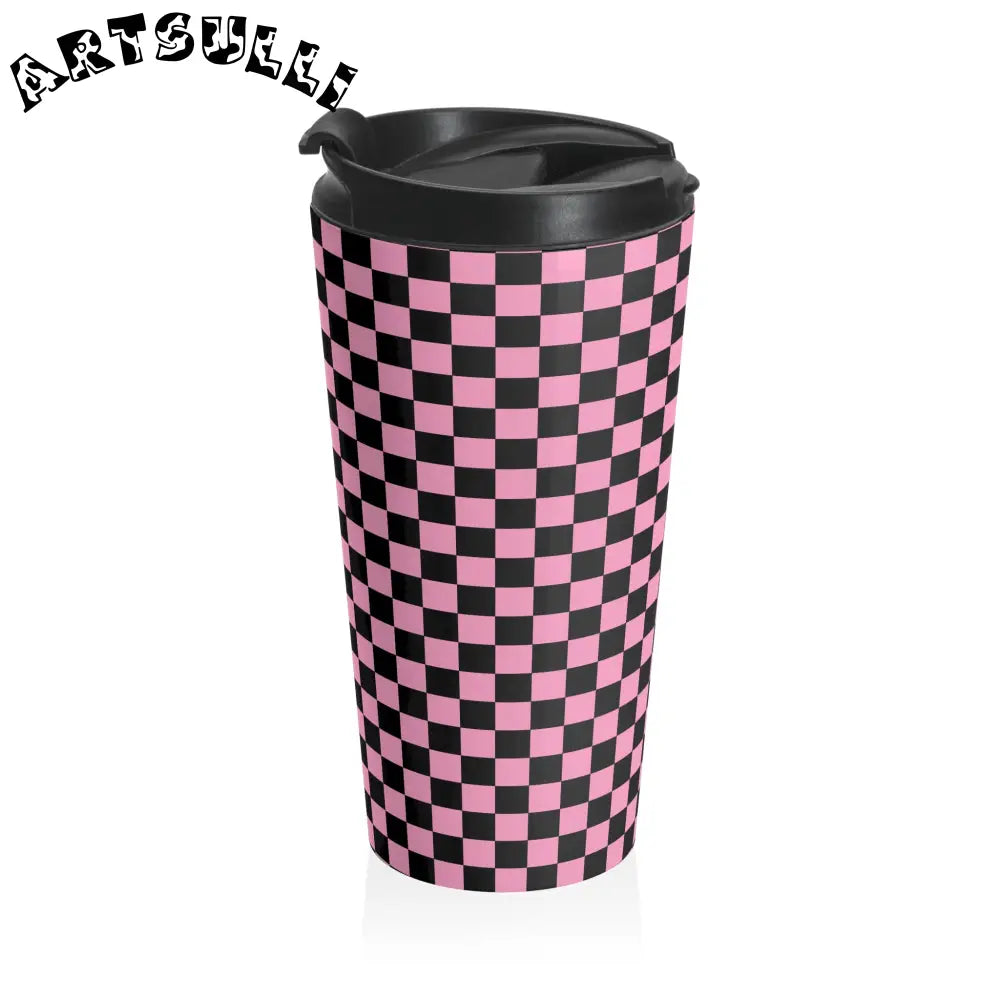 JAKKOUTTHEBXX Checkerboard Black and Pink Stainless Steel Travel Mug