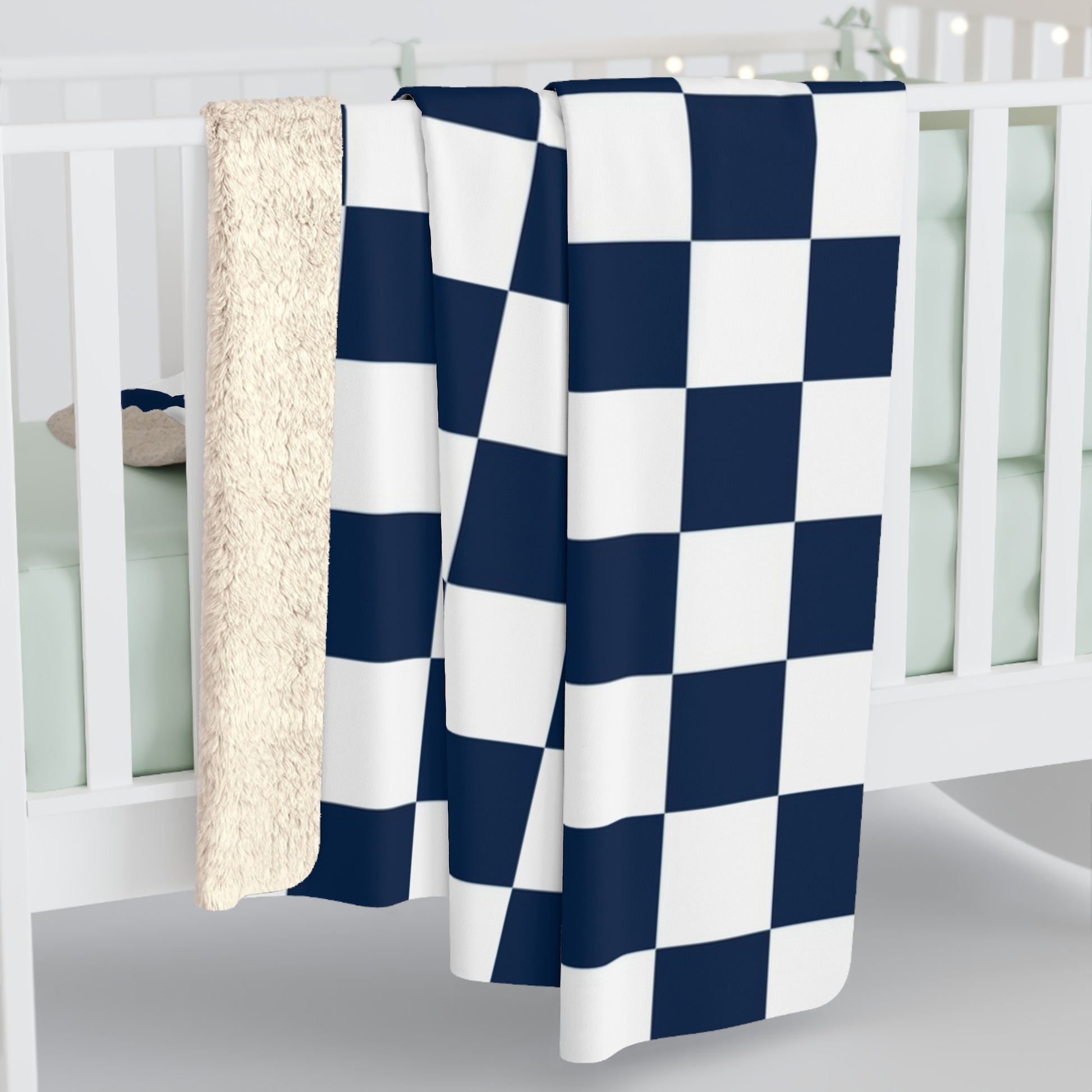 Checkerboard White and Navy Blue Sherpa Fleece Blanket, Artsulli - Art is Long, Life is Short, Home Decor, , , , , , , 