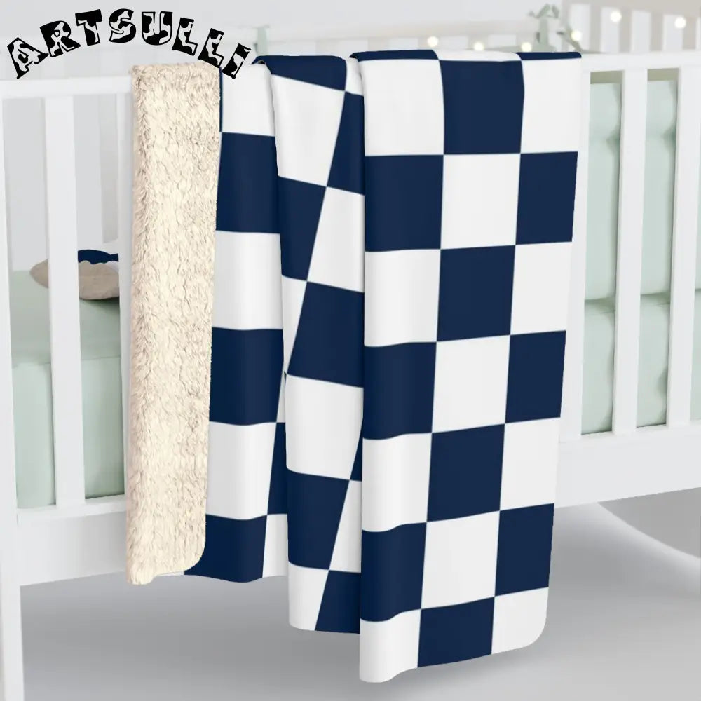 JAKKOUTTHEBXX Checkerboard White and Navy Blue Sherpa Fleece Blanket